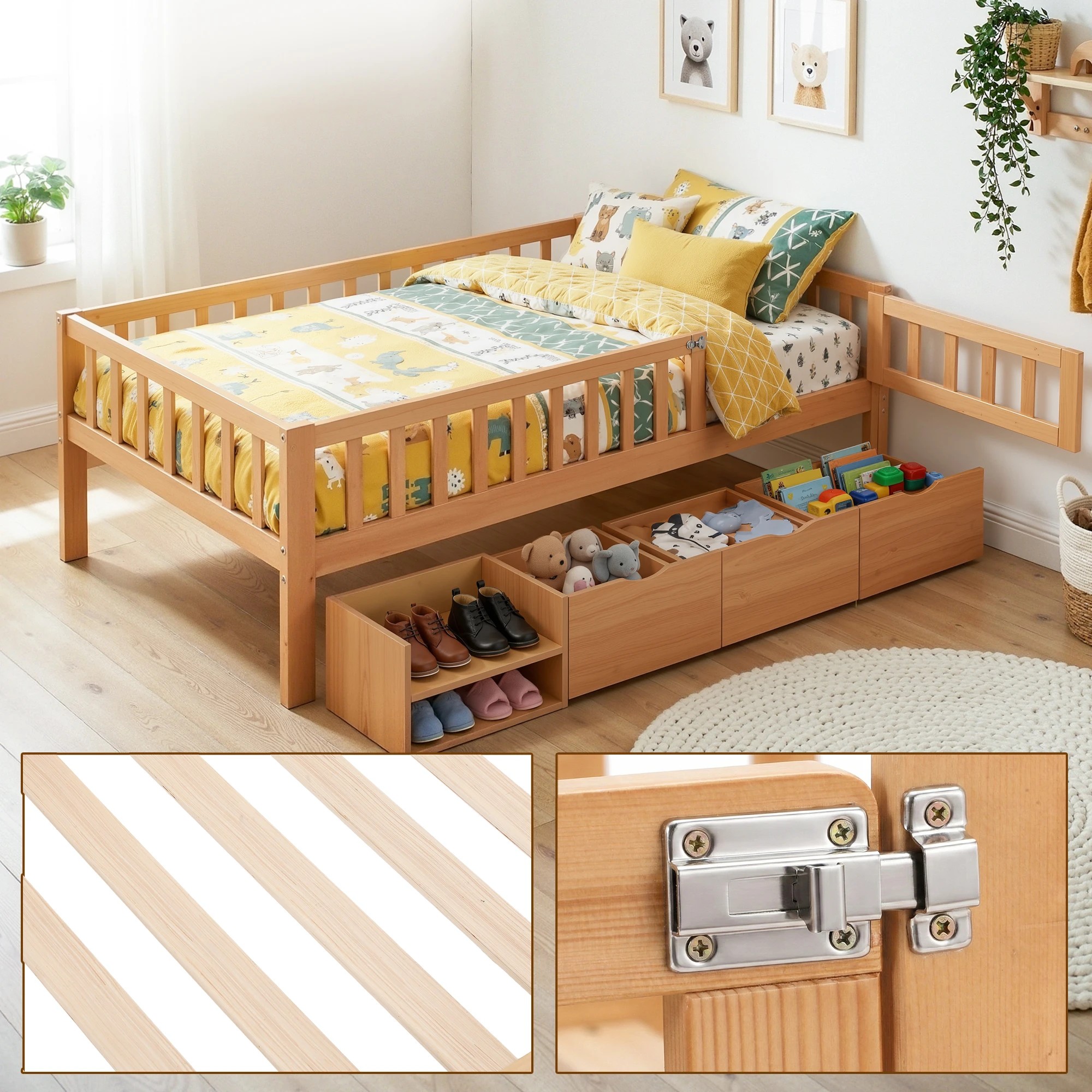 4 Artiss Kids Single Bed Frame with 3 Storage Drawer Montessori Bed for Toddler - Natural, 4 of 8