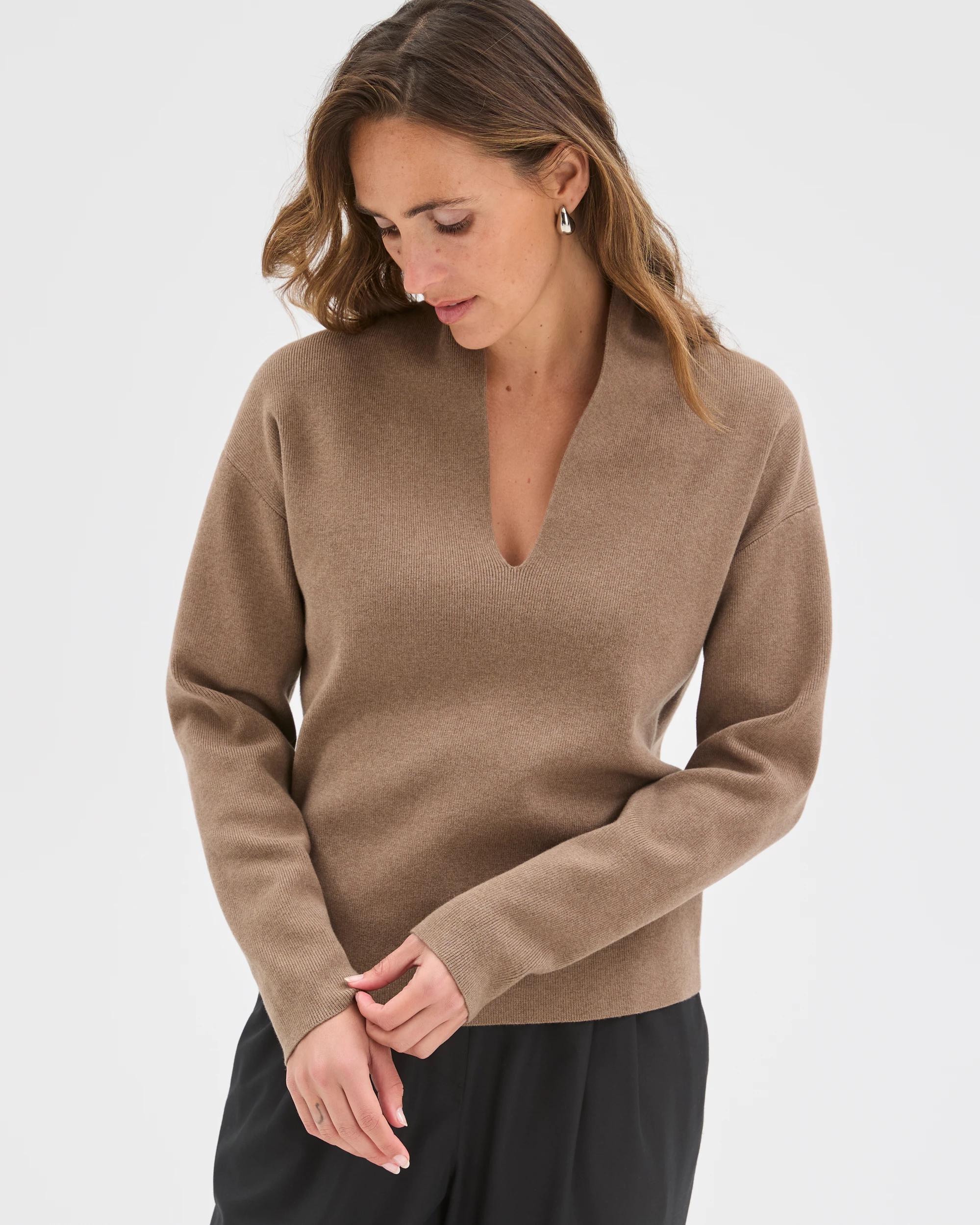 3 Preview Australian Cotton Blend Long Sleeve Deep V-Neck Jumper SMOKED TAUPE MARLE, 3 of 6