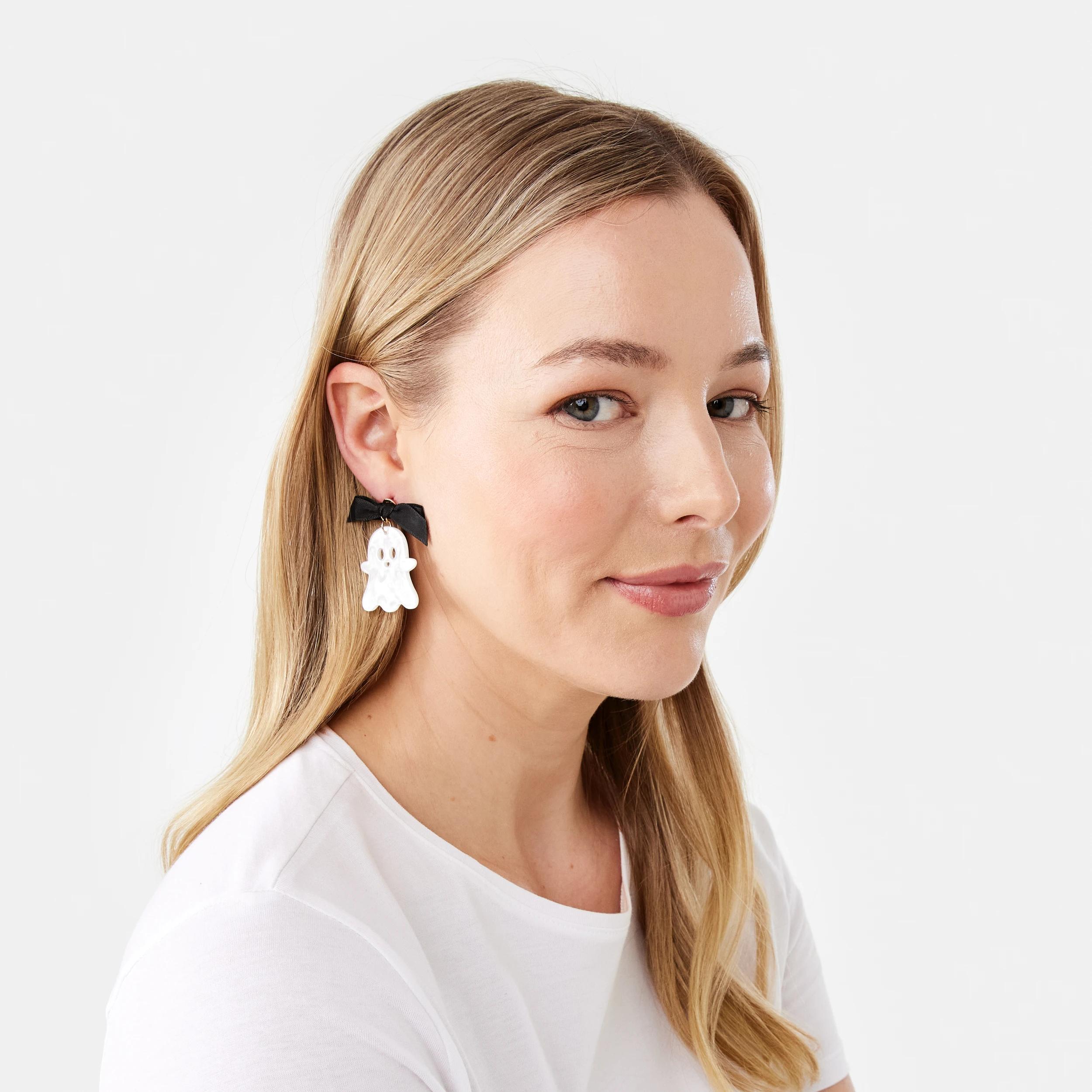 3 Halloween Ghost Stud Earrings - White, Black and Gold Tone Gold, 3 of 4
