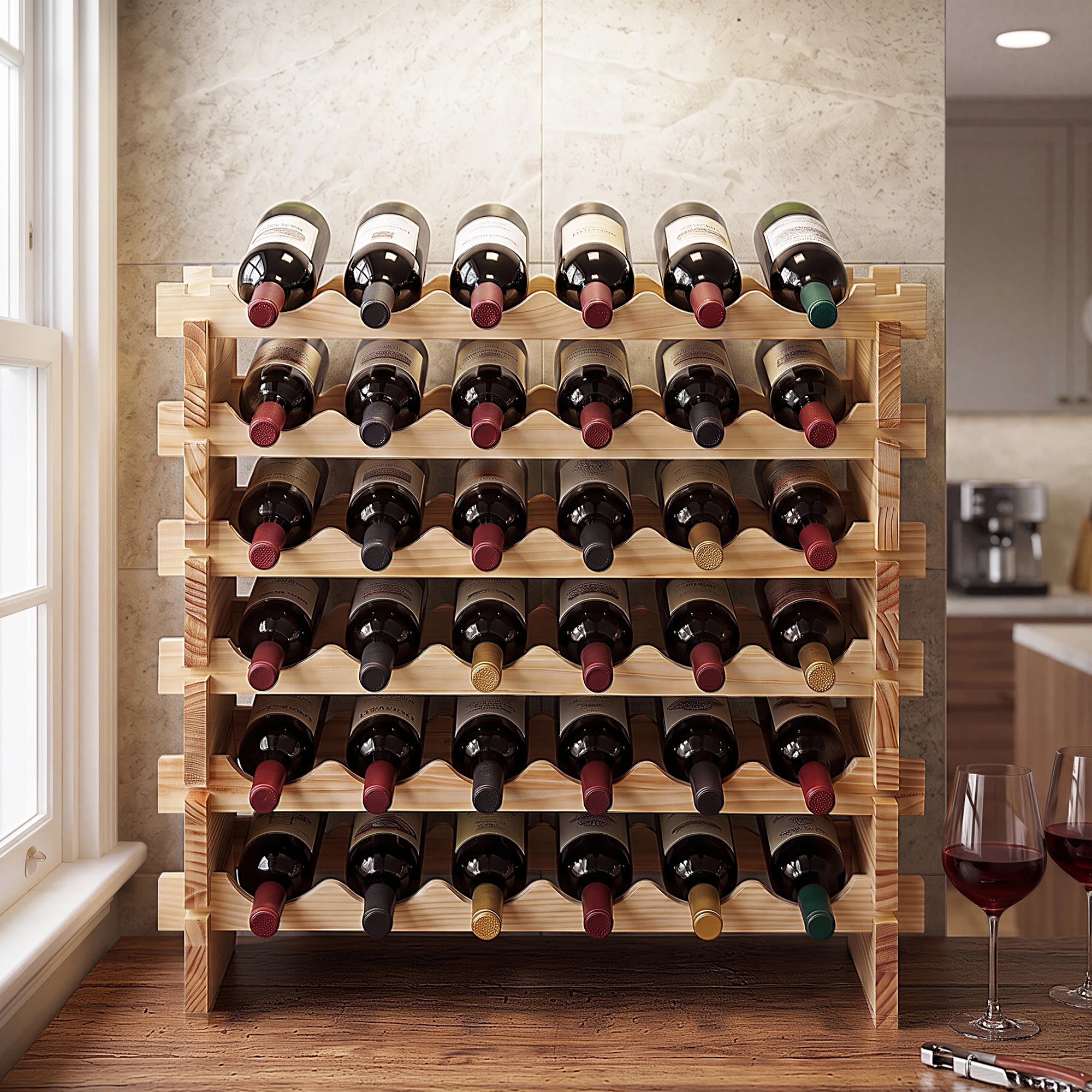 6 Artiss 36 Bottle Wooden Wine Rack - 6 Tier Modular Pine Wood Stand, 70 x 30 x 70cm - Natural, 6 of 9