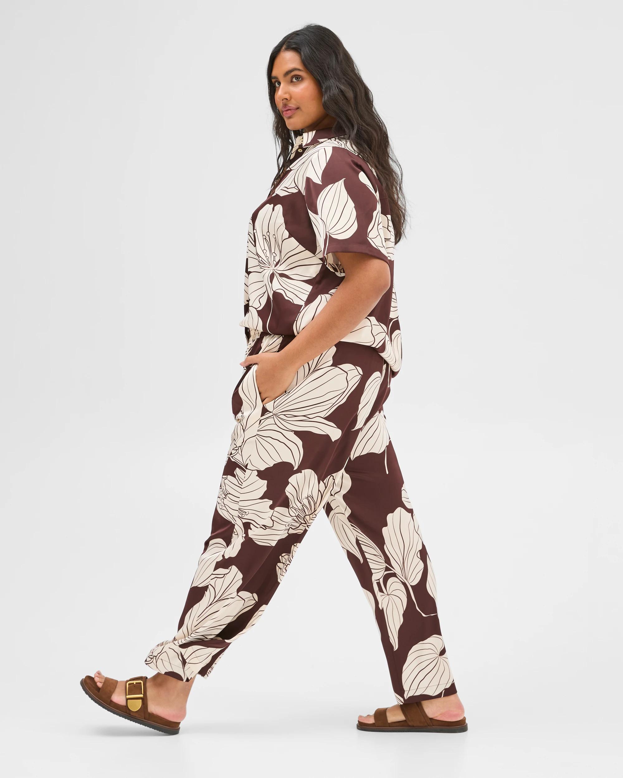 3 Target Curve Plus-size Satin Wide-leg Trousers, Brown And Cream Floral (16+) FLORAL PRINT, 3 of 7