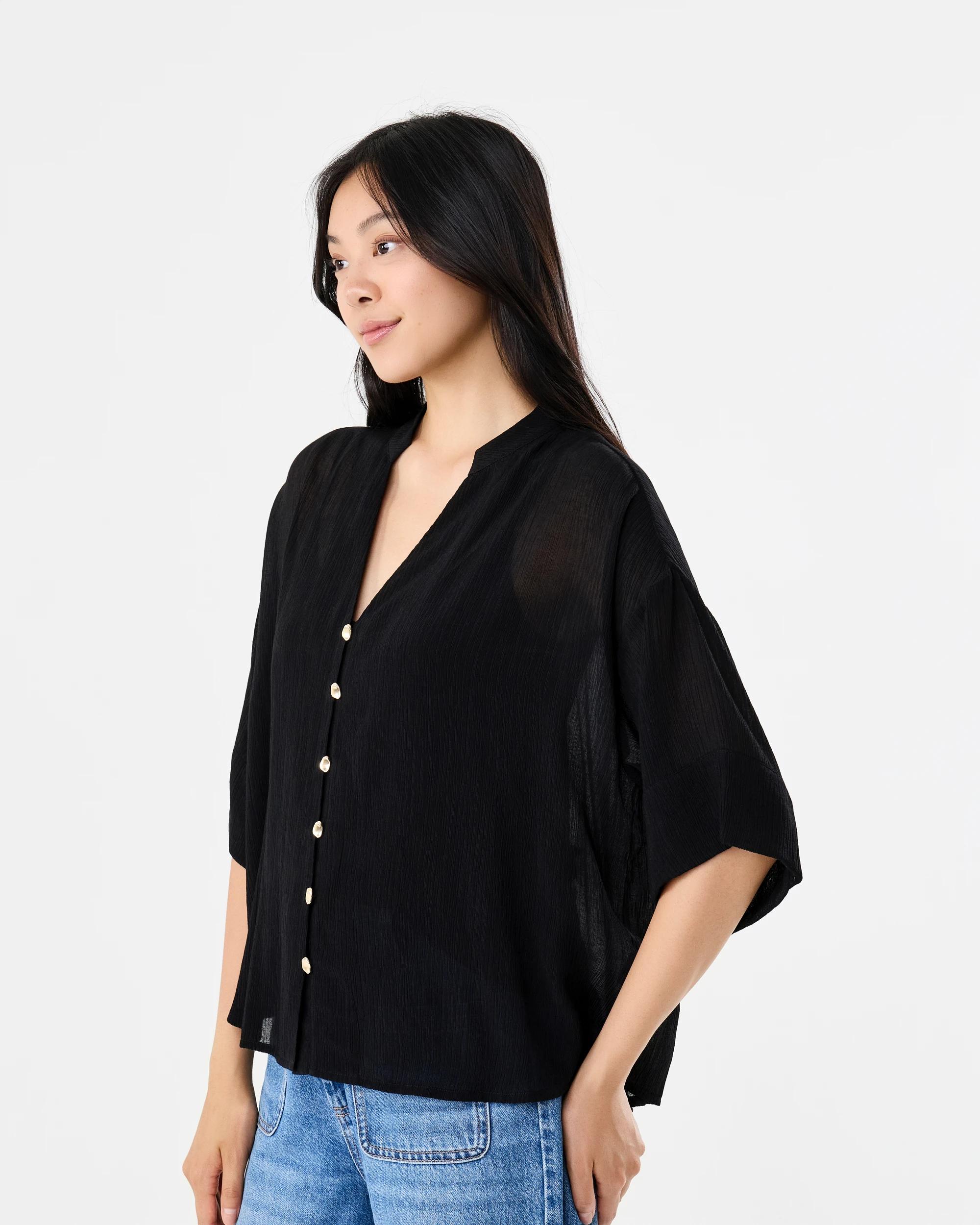 2 Short Sleeve Dolman Button Detail Shirt Black, 2 of 6