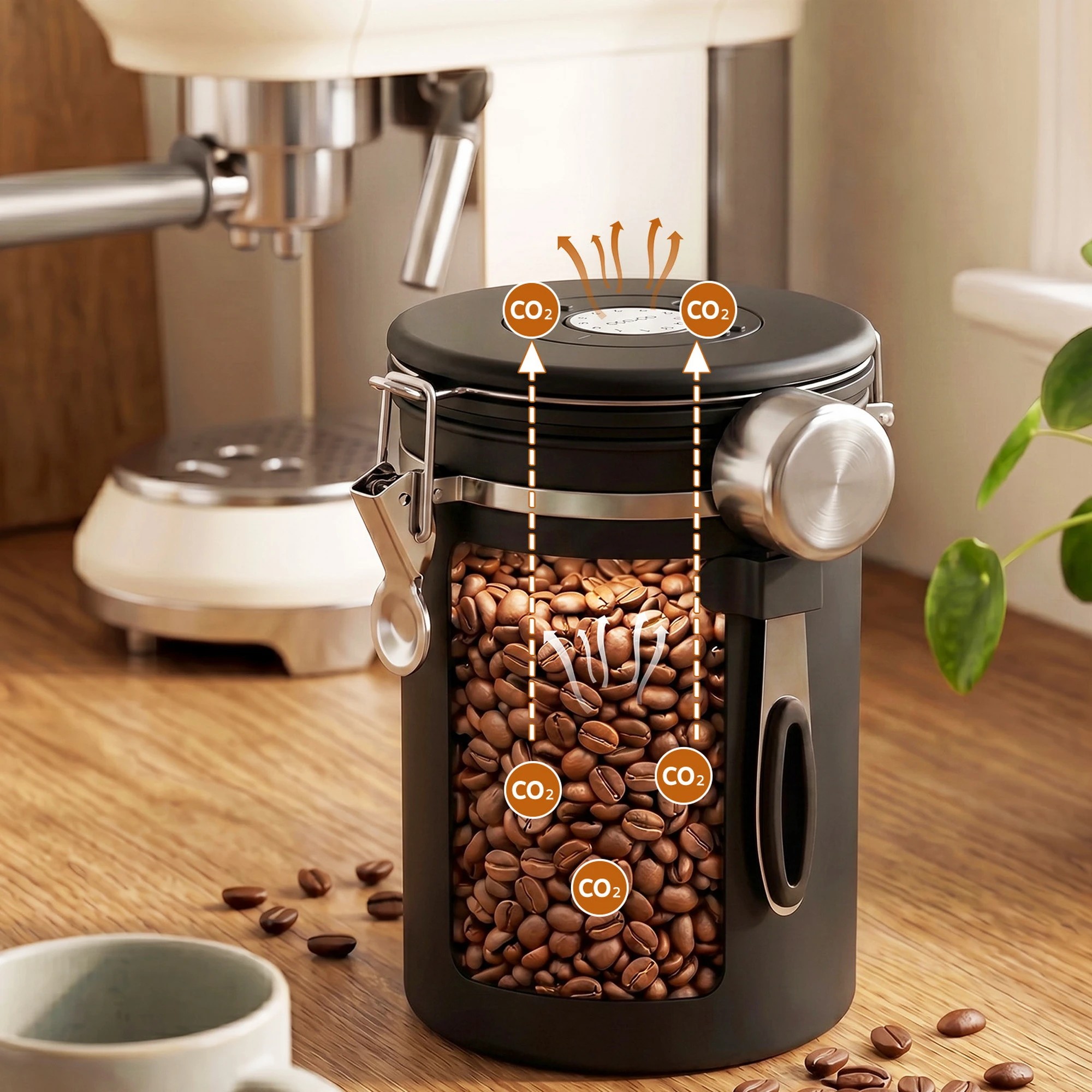 5 5-Star Chef 1.8L Stainless Steel Coffee Bean Storage Container Coffee Canister with Window & Scoop Coffee Jar - Black, 5 of 9
