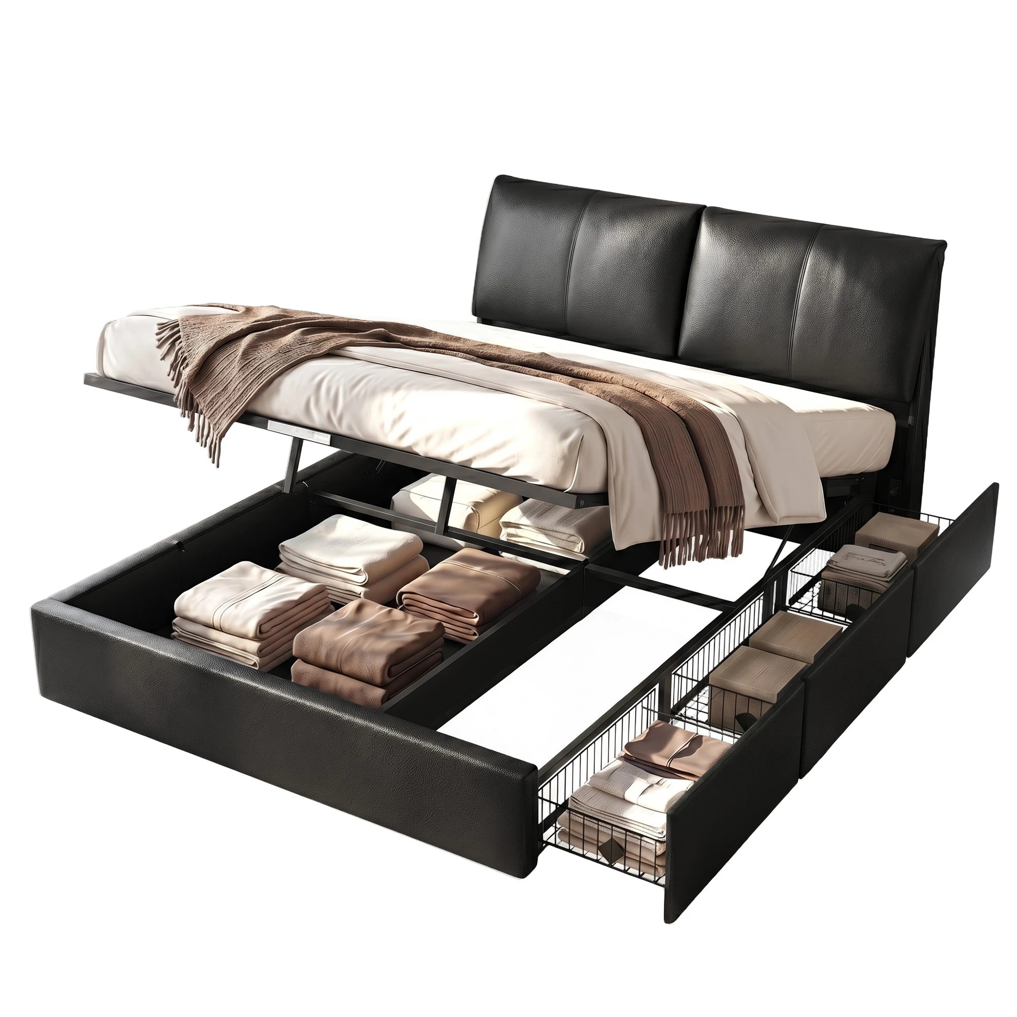 1 Artiss Queen Bed Frame Gas Lift Storage 3 Drawers Adjustable Headboard Platform Bed - Black, 1 of 9