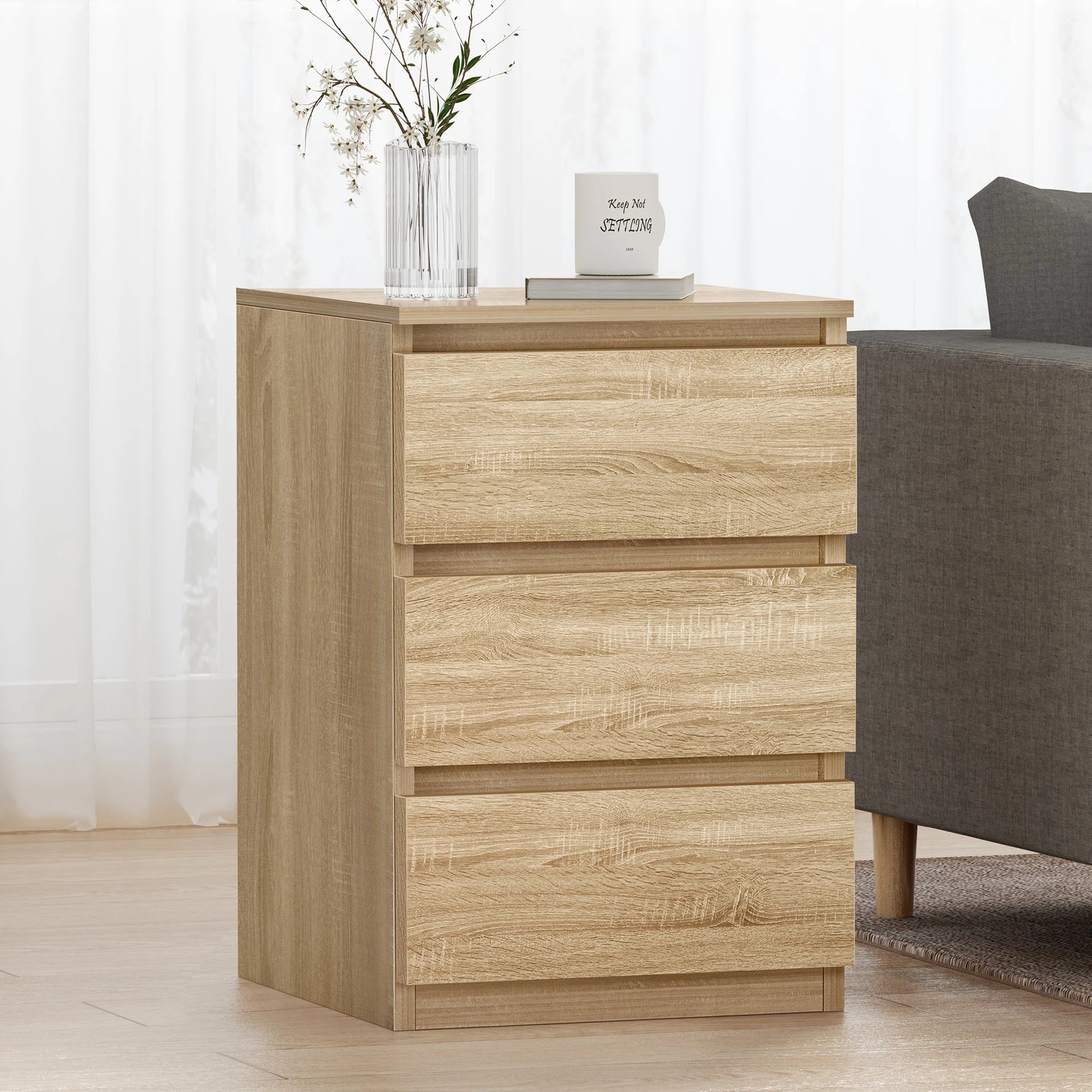 3 Alfordson Bedside Table Nightstand 3 Drawers Side End Table Wood - Oak, 3 of 8