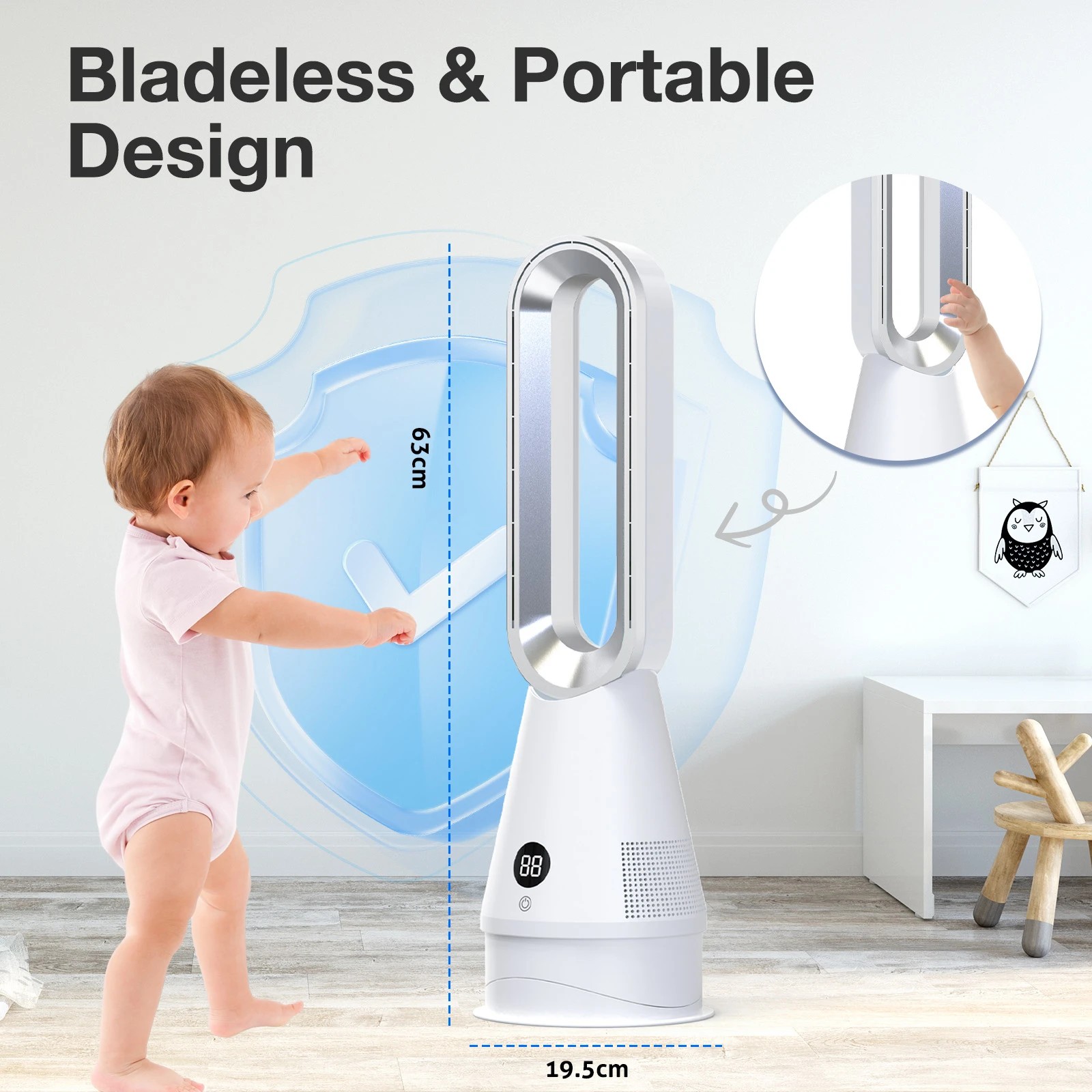 4 Advwin Bladeless Tower Fan Electric Airflow Purifying Fan with 8 Speeds 9H Timer Remote 80°+30° Oscillating, 4 of 6