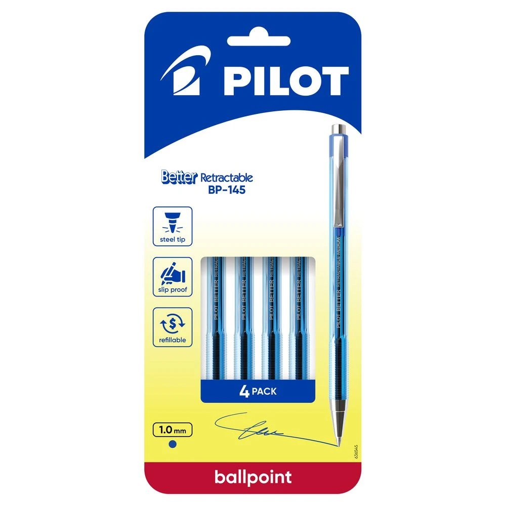 1 PILOT BP145 Retractable Ballpoint Pen Medium 1mm Blue 4 Pack, 1 of 8