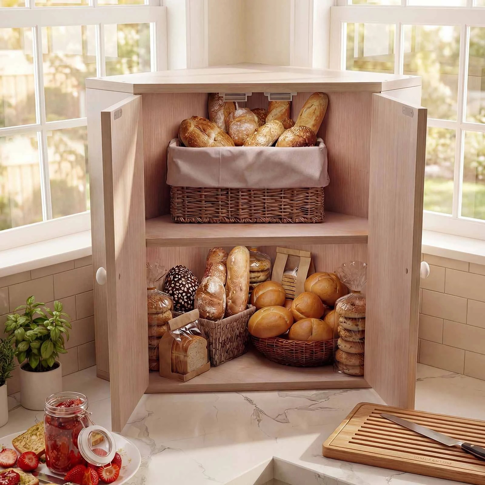 2 Costway Corner Bread Box 2-Layer Bamboo Large Breadbox Bin - White, 2 of 2