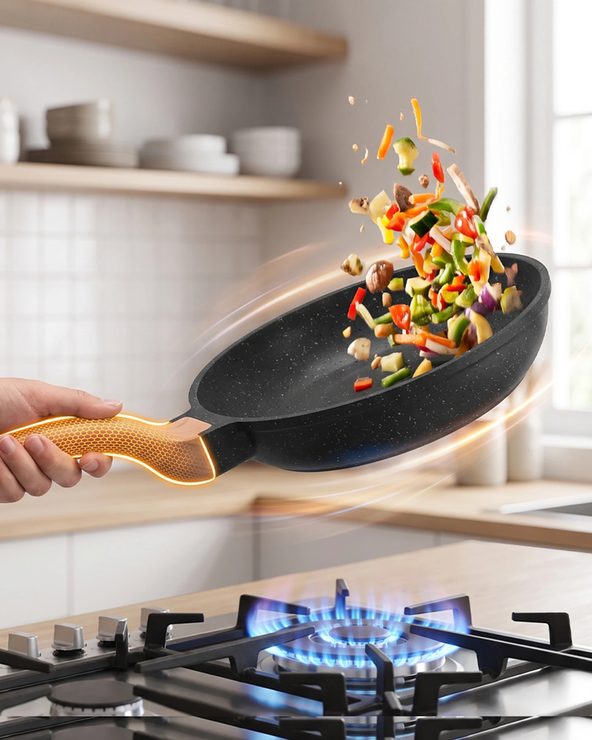 6 ZUNI 3PCS Nonstick Cookware Frying Pan Set Stainless Steel Base Black, 6 of 9