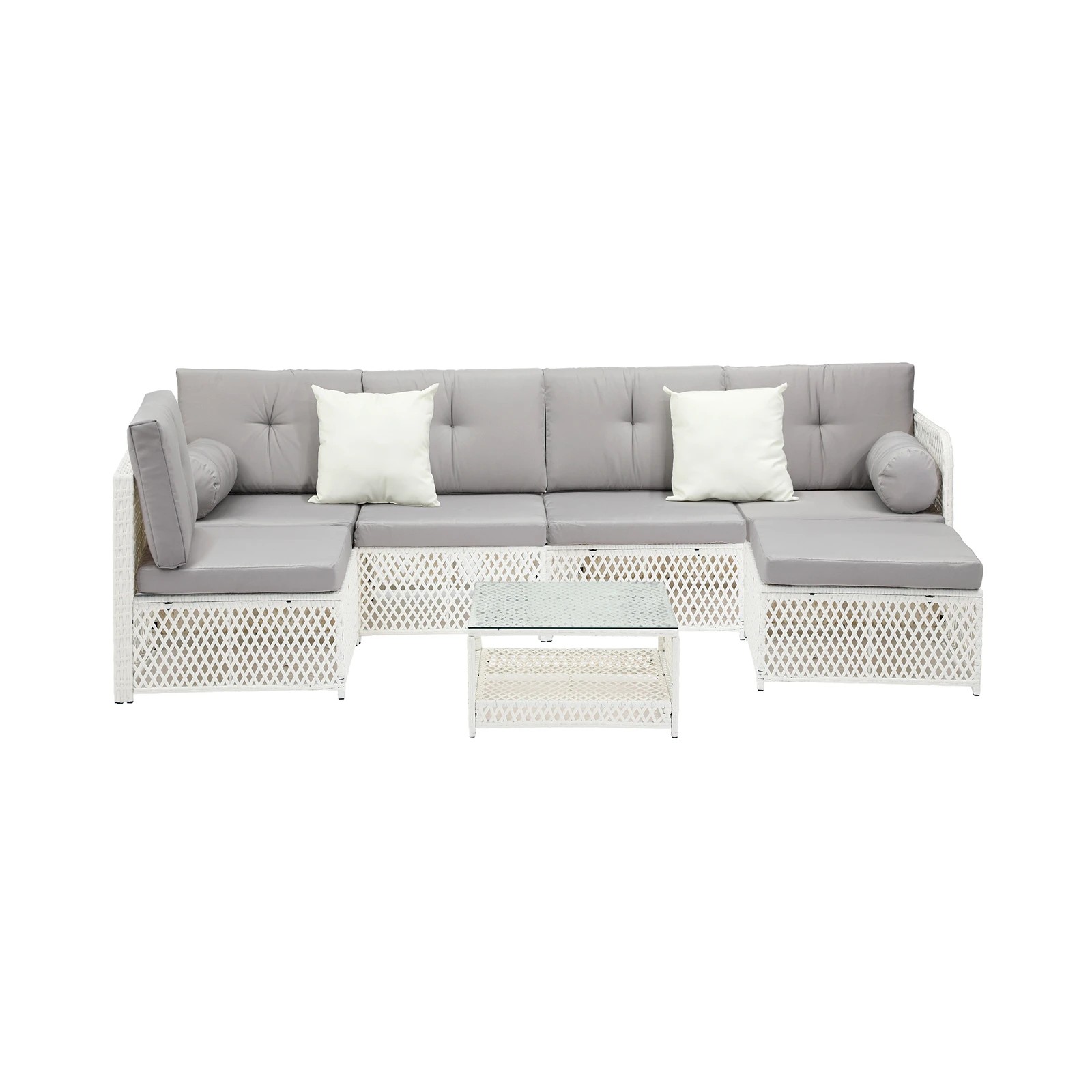 7 Livsip Outdoor Sofa Set 6 Seater Wicker Lounge Setting - White, 7 of 8