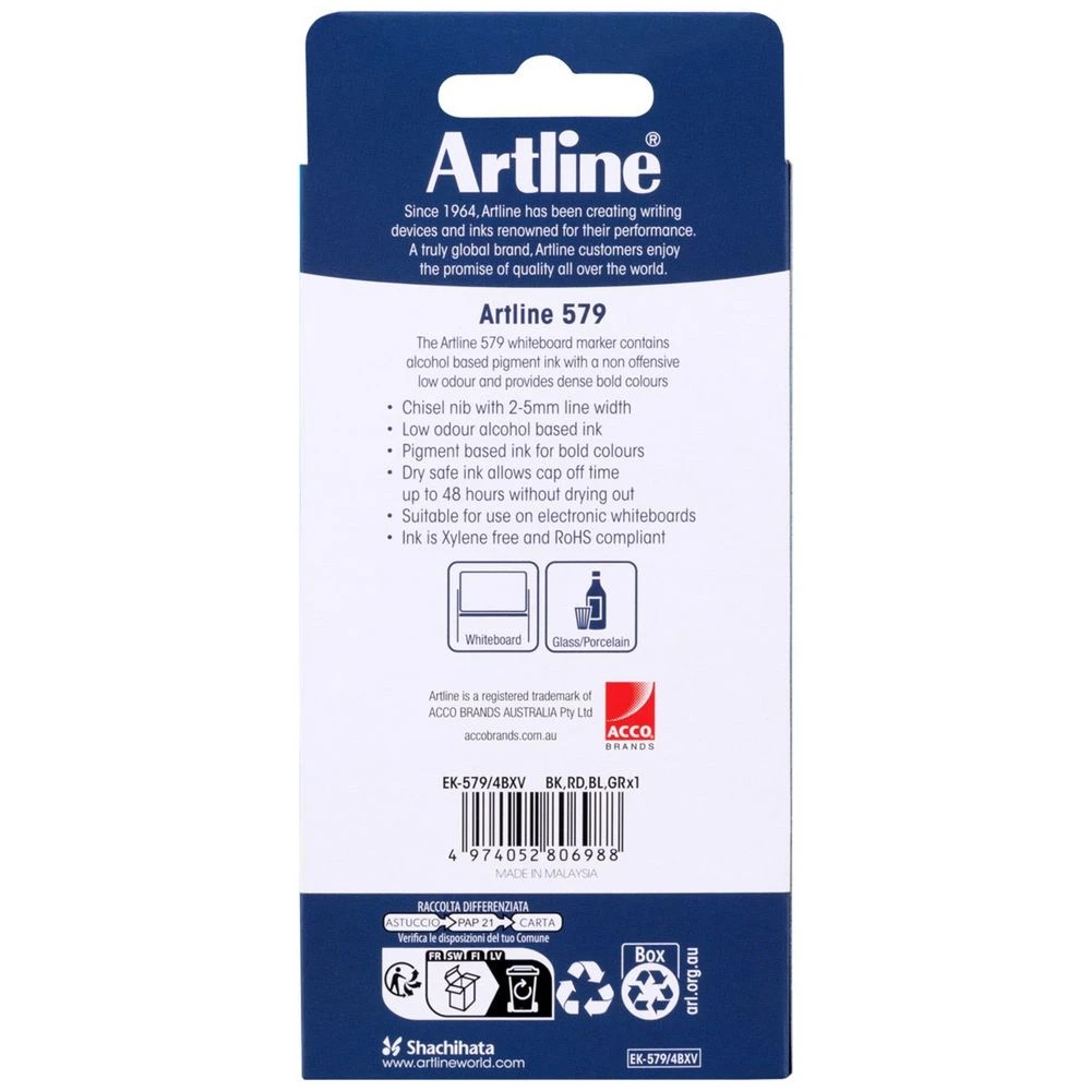 4 Artline 579 Whiteboard Markers Chisel Assorted 4 Pack, 4 of 5