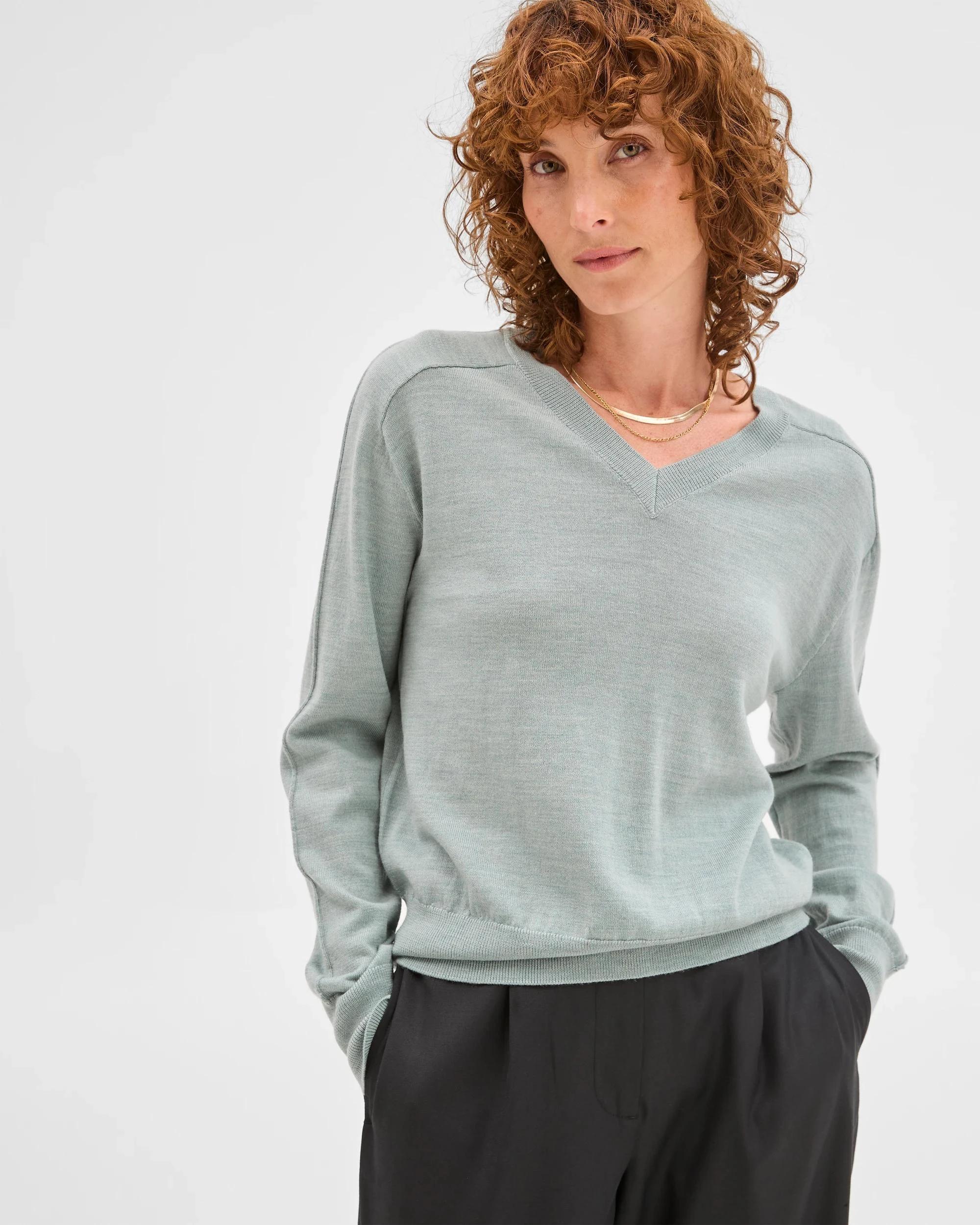 4 Preview Australian Merino Wool Long Sleeve V-Neck Knit Top GREEN SLATE MARLE, 4 of 6