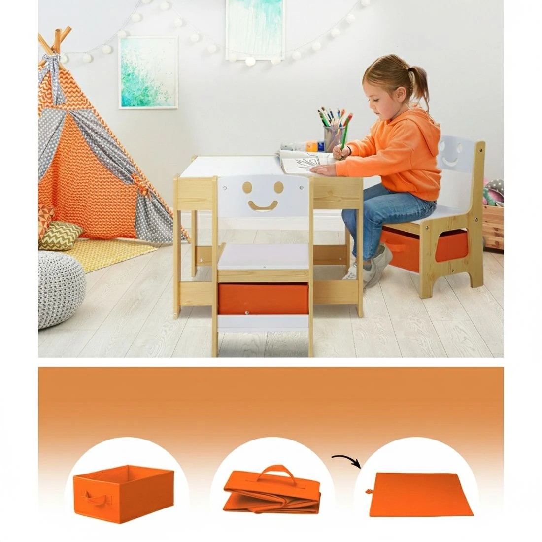 3 Keezi 3PCS Kids Table and Chairs Set Activity Desk Chalkboard Toys Storage - Natural, 3 of 5