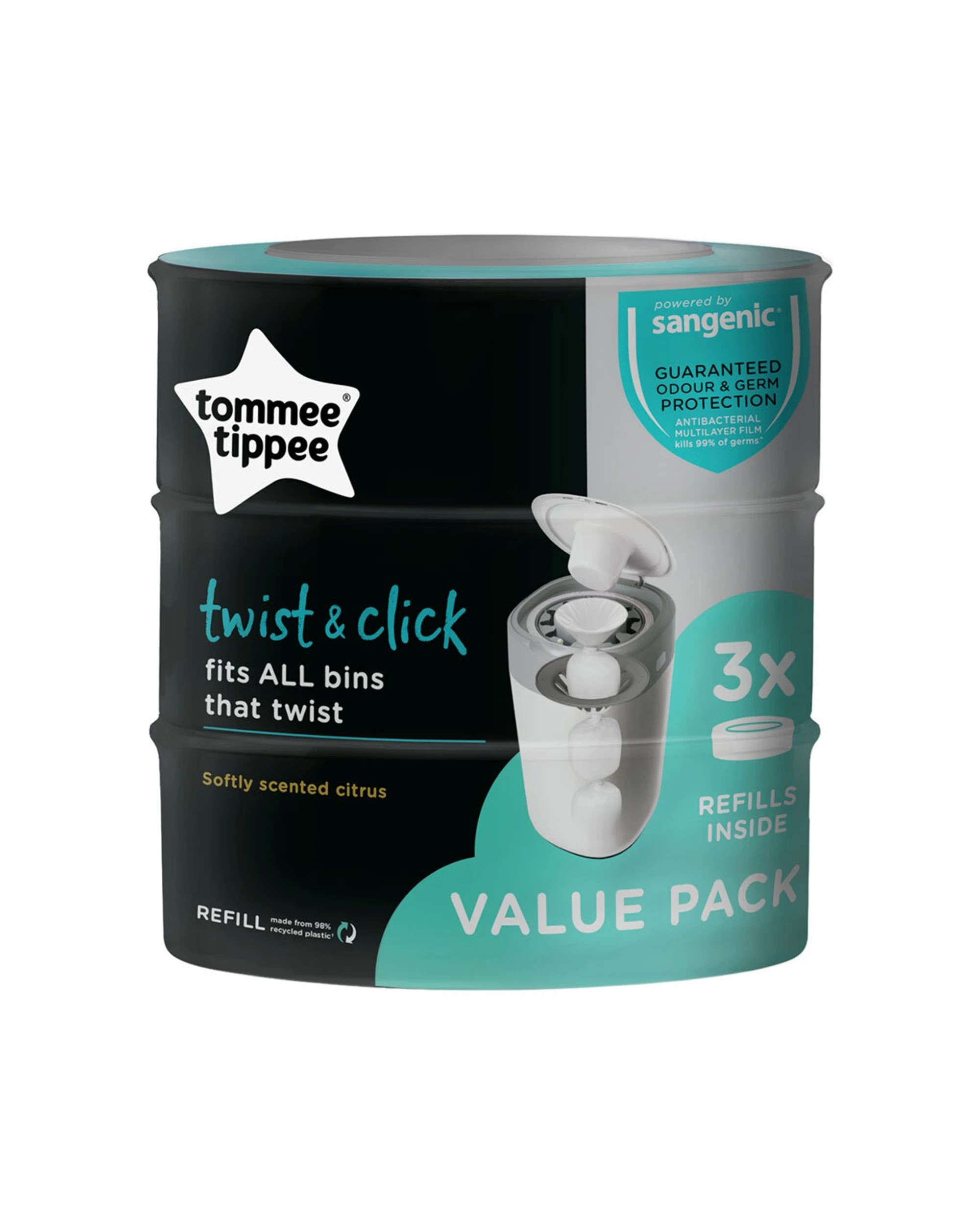 2 Tommee Tippee Twist And Click Refill Pack 3 Pack Nappy Bin Antibacterial - Plain, 2 of 2