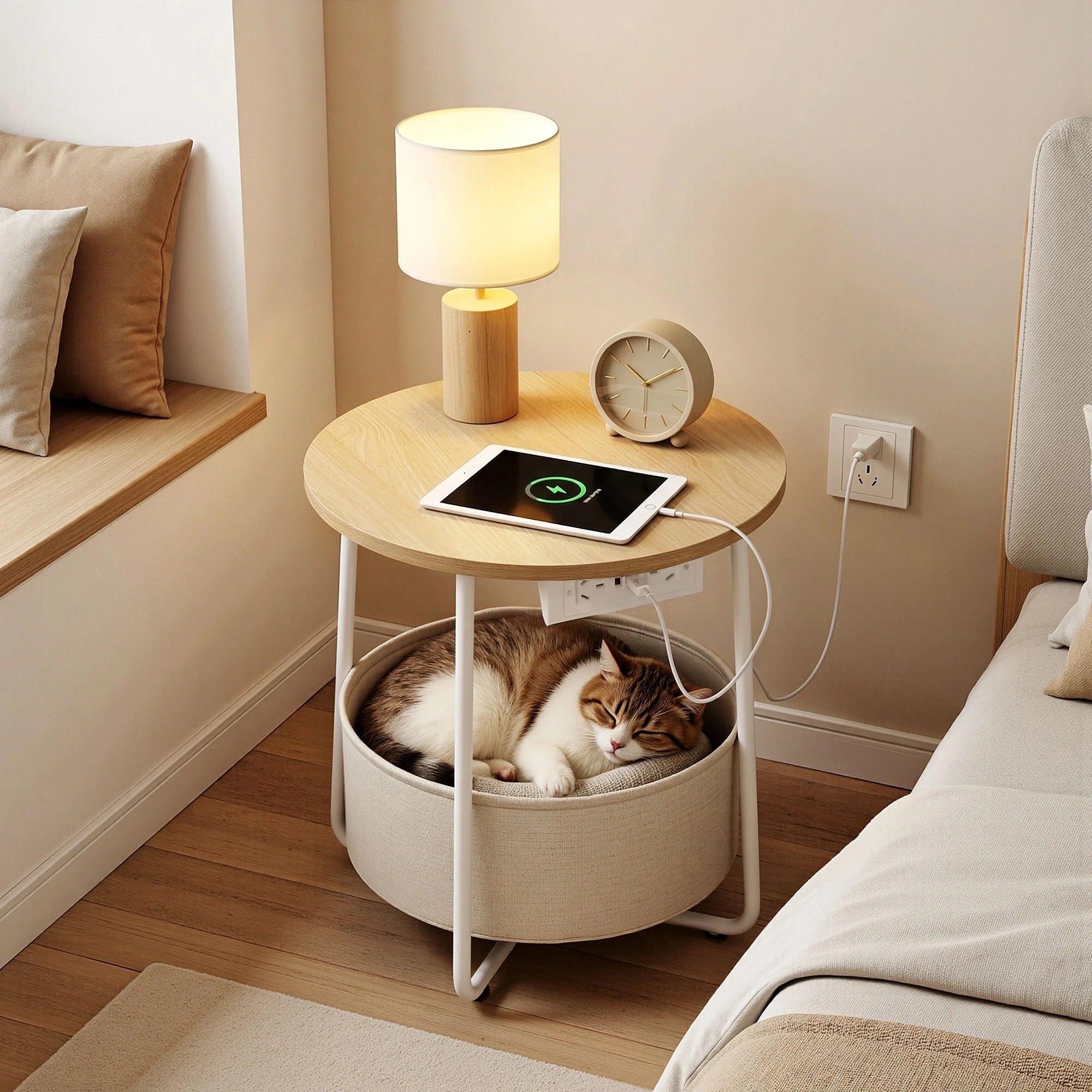 4 Artiss Round Coffee Table Side End Bedside Table Charging Station Storage Basket Wood - Beige, 4 of 9