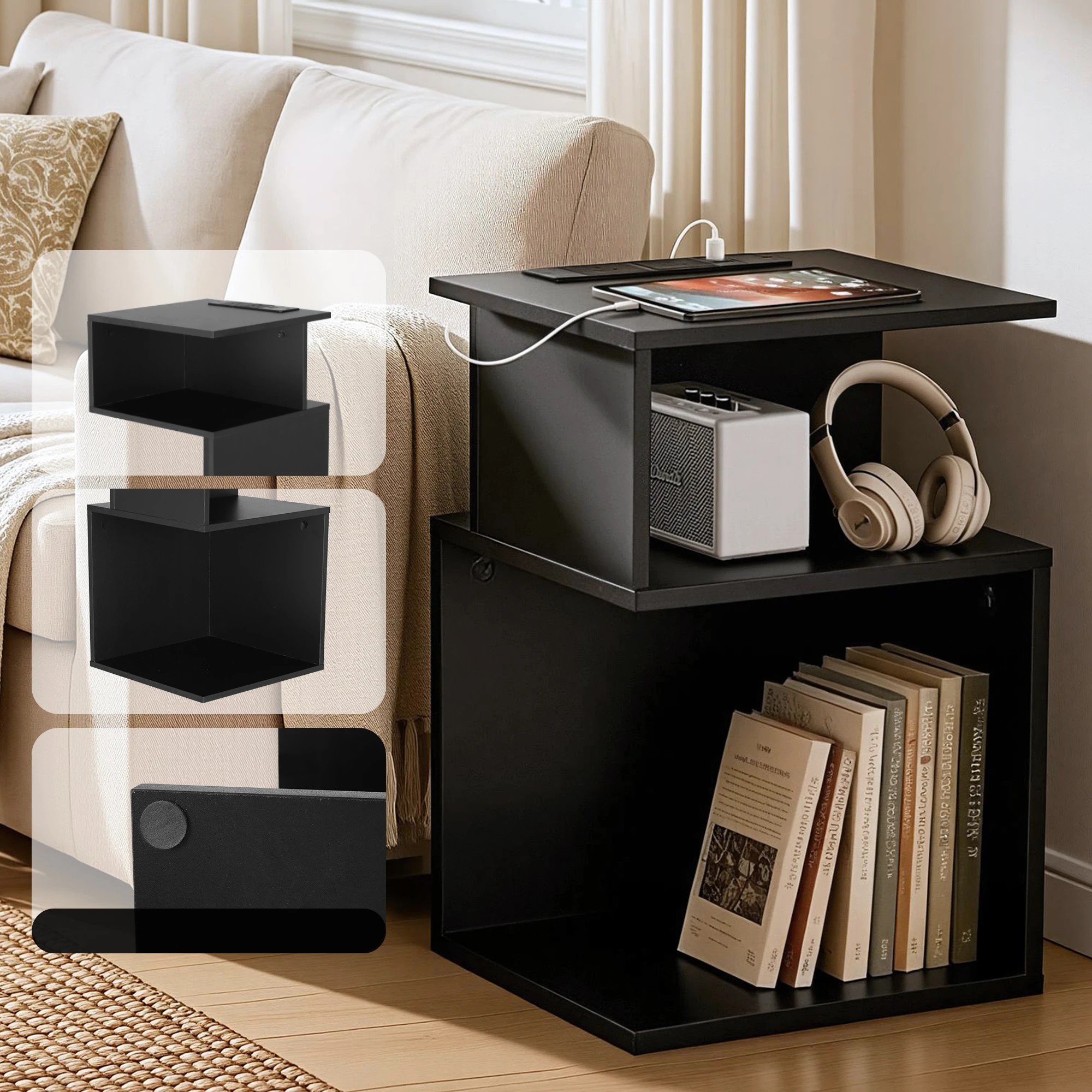 4 Artiss Bedside Table 2 Shelves S-Shaped Charging Station - Black, 4 of 7