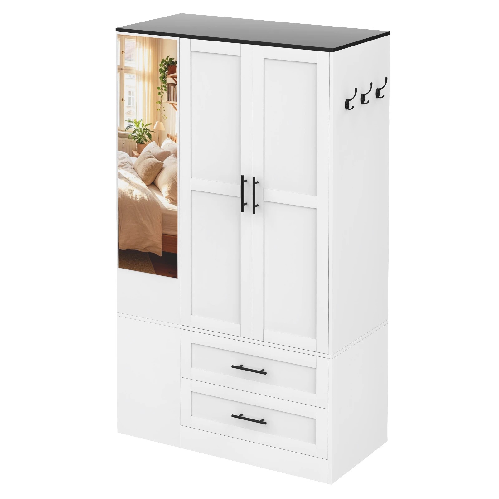 1 Advwin 2 Doors Armoire Wardrobe Closet with Mirror & 4 Open Shelves - White, 1 of 7