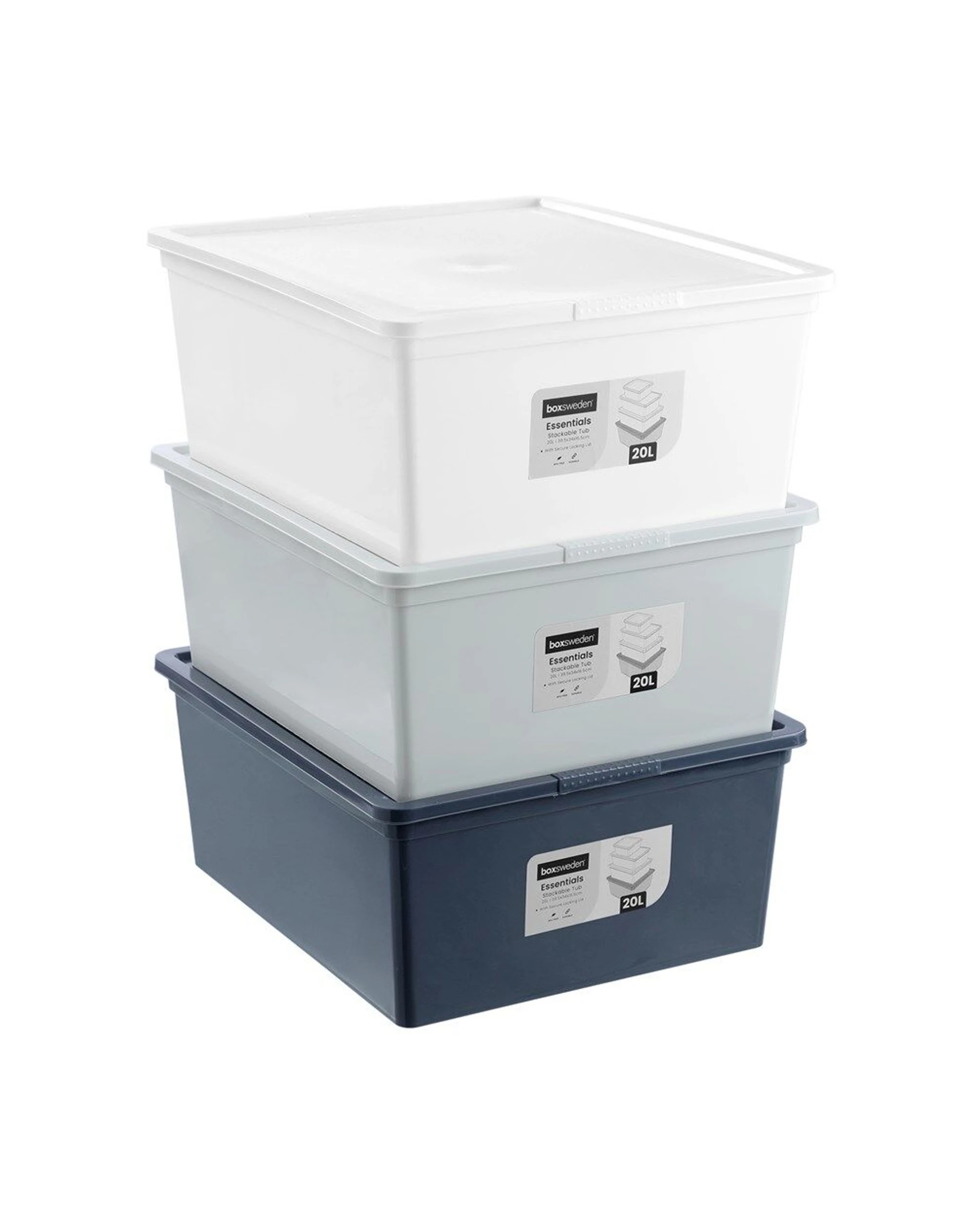 2 Boxsweden Essentials Stackable Organiser Tub 3 Pack 20L Durable Plastic - Assorted, 2 of 7