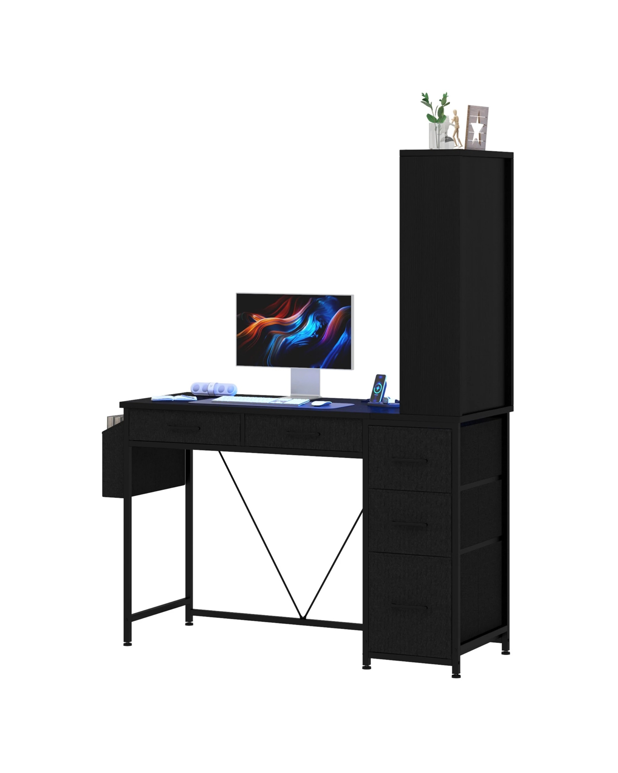 5 Ufurniture LED Gaming Desk with Bookshelf, 4 Drawers & File Cabinet, Reversible Corner Computer Desk for Study - Black, 5 of 9