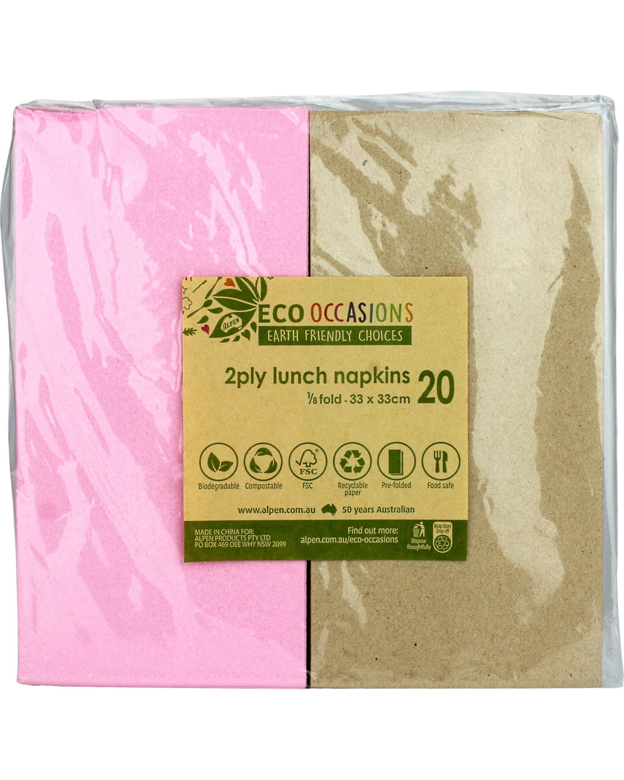 2 Alpen Baby and Eco Brown Napkins Serviettes 1 8 GT Fold Pack of 20 - Pink, 2 of 2