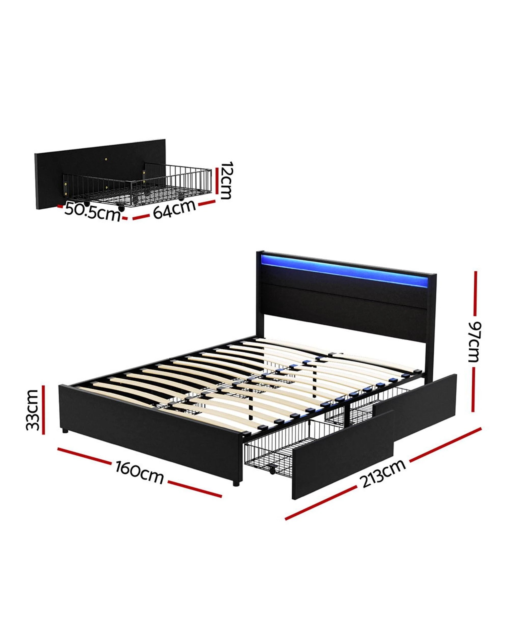 2 Artiss Bed Frame Queen Size LED with 4 Drawers  DUNN - Black, 2 of 7