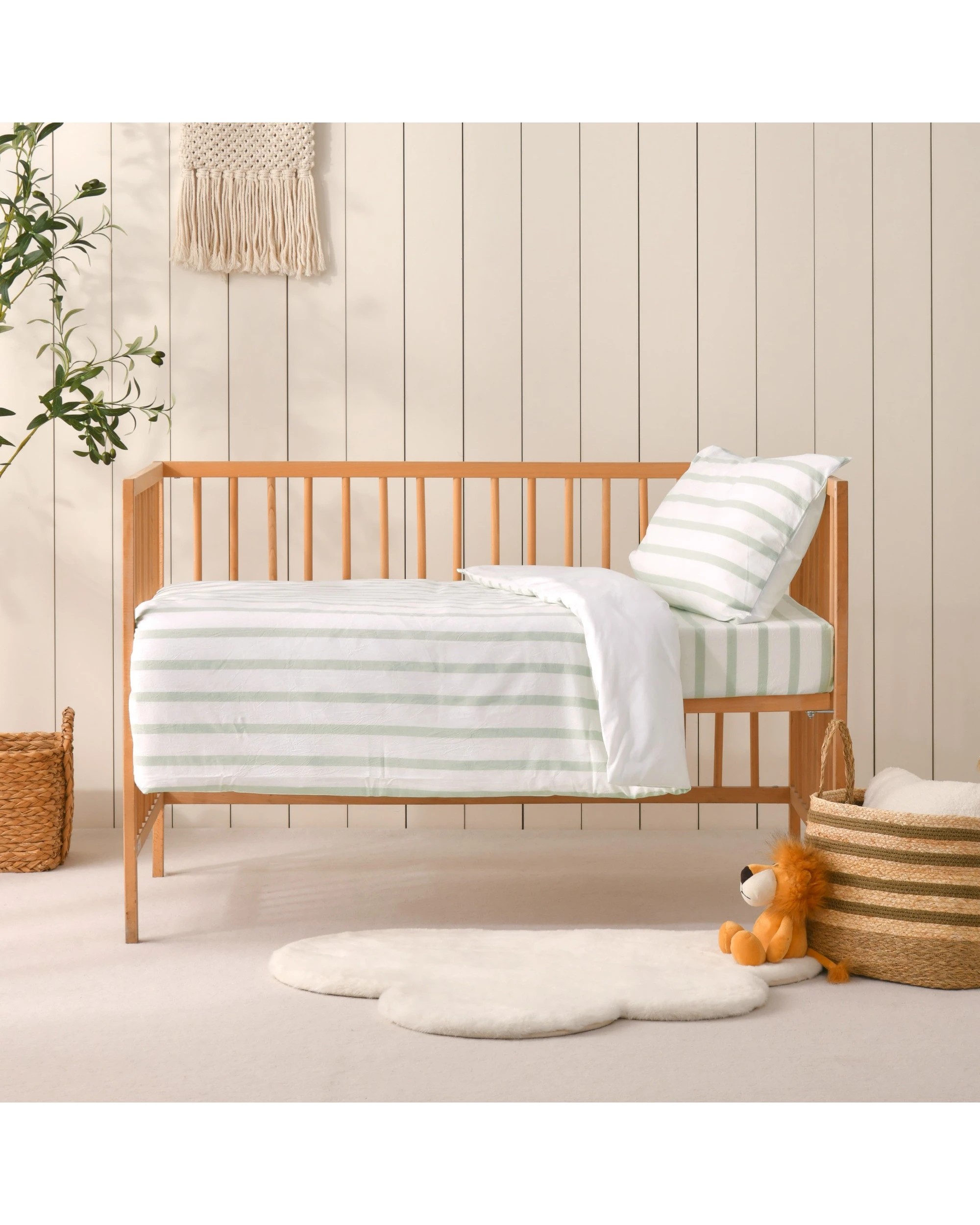 6 Dreamaker Baby Bask Washed Cotton Yarn Dyed Stripe Quilt Cover Set - COT Size - Sage, 6 of 7
