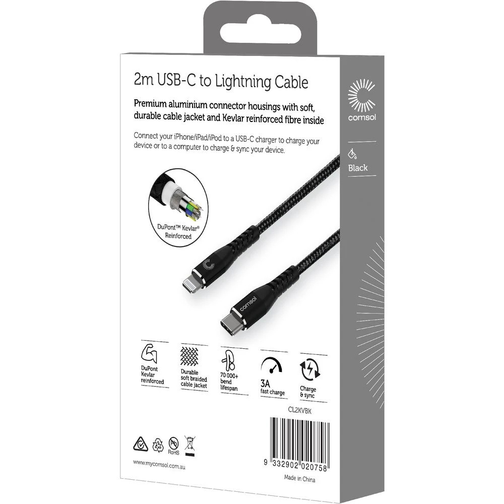 2 Comsol Kevlar USB-C to Lightning MFi Cable 2m Black, 2 of 3