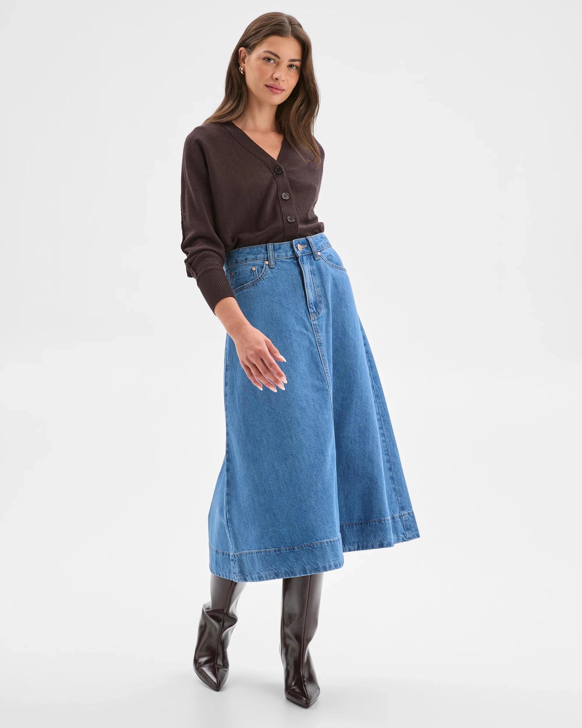 2 Target Petites Petites A-Line Midi Denim Skirt MID WASH, 2 of 8