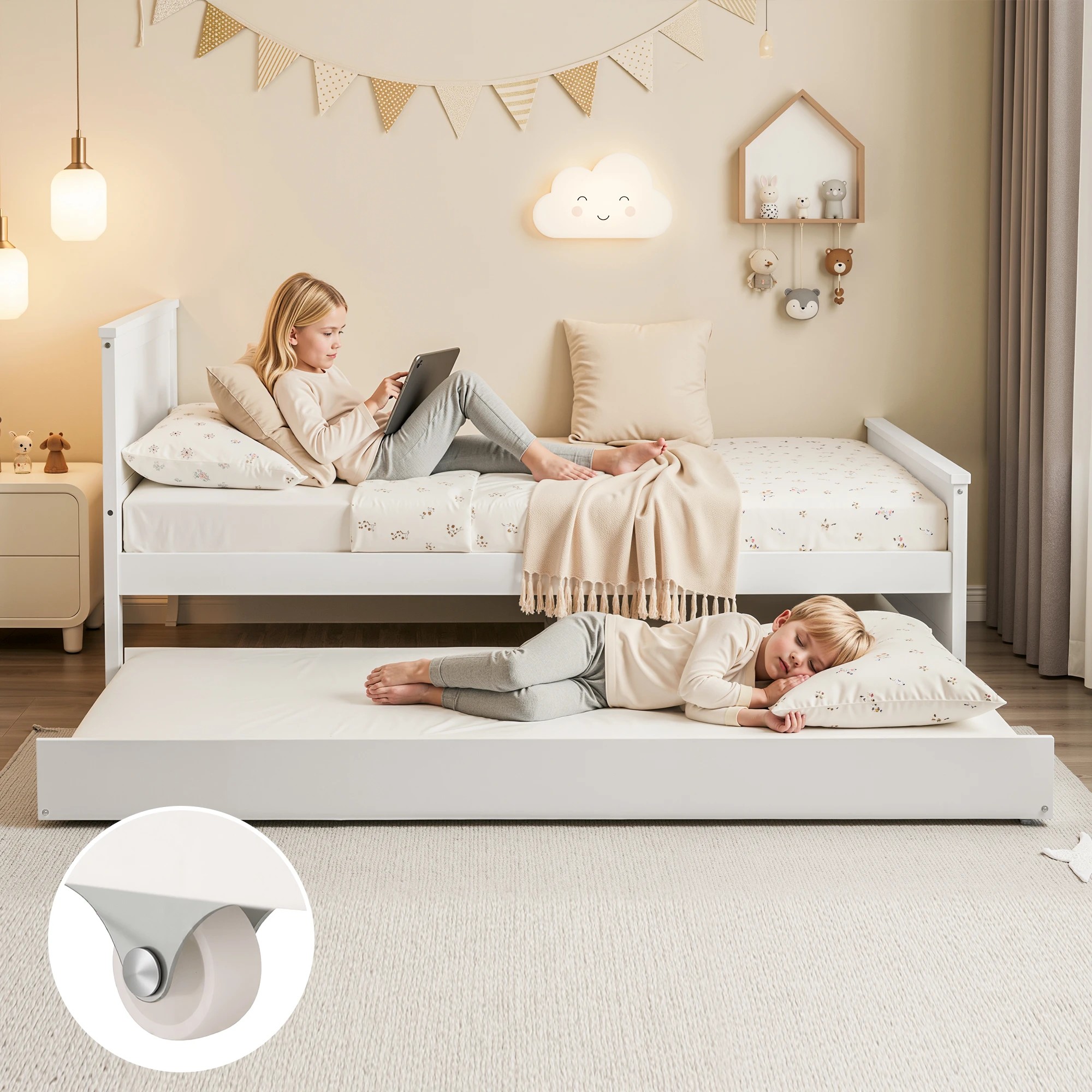 4 Artiss Single Bed Frame with Trundle Wood Toddler Bunk Bed with Headboard - White, 4 of 9