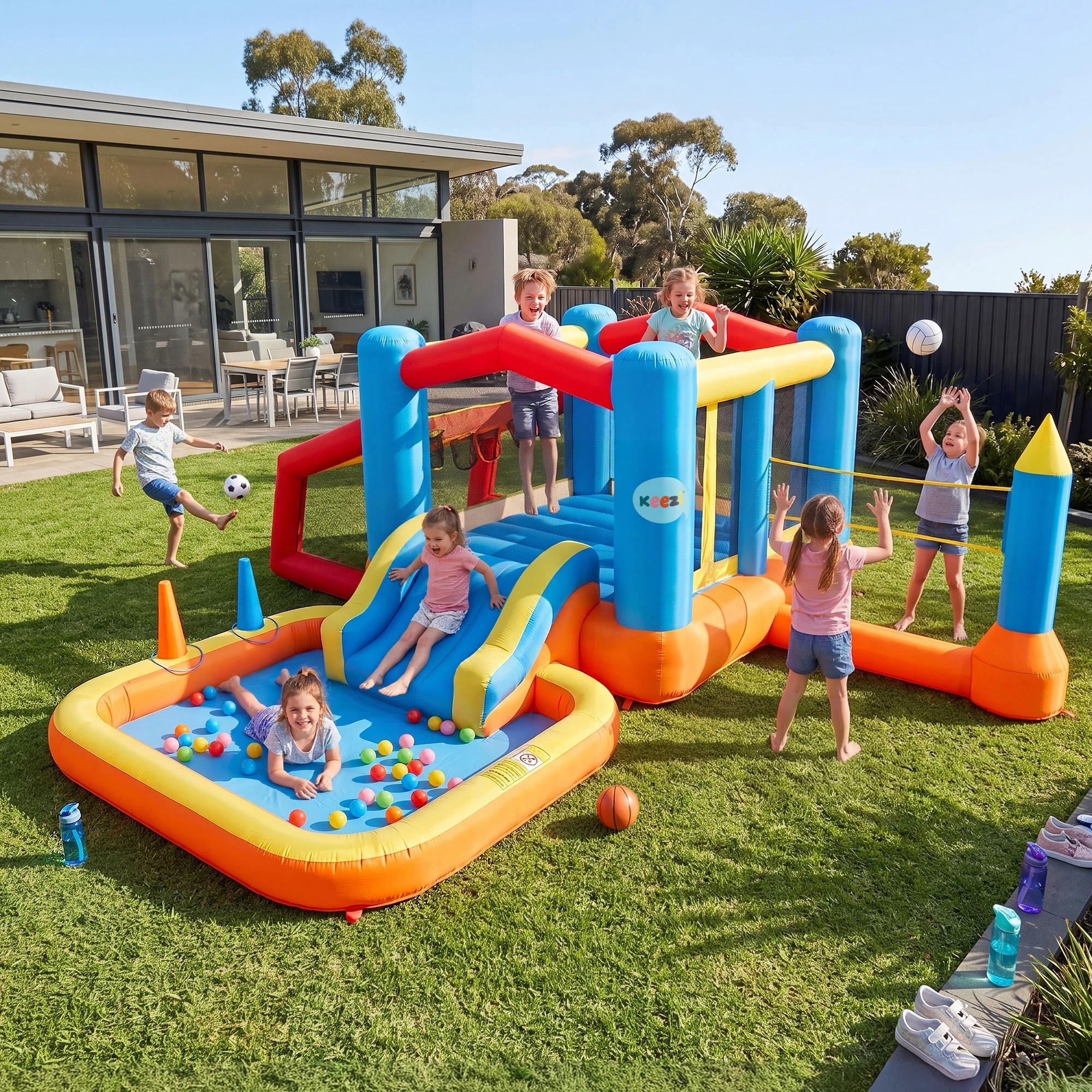 10 Keezi Inflatable Kids Pool Trampoline Play Park Jumping Castle Volleyball Net Slide Football Goal with Blower - Multi, 10 of 10