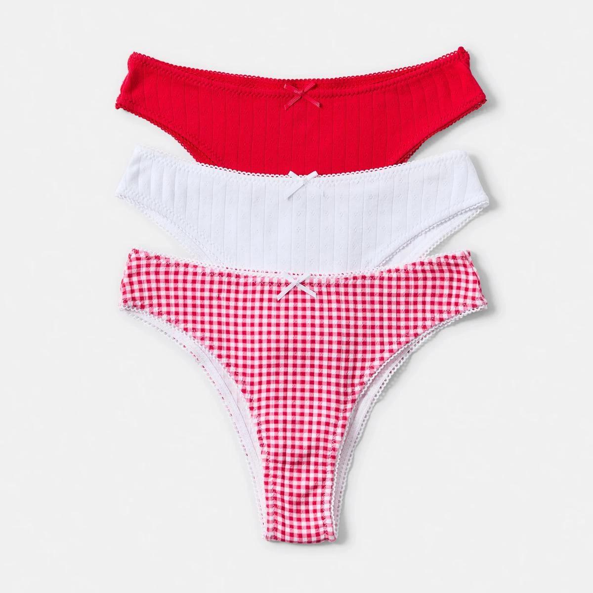 1 3 Pack Pointelle Cheeky Bikini Briefs MINI CHECK RED, WHITE, 1 of 9