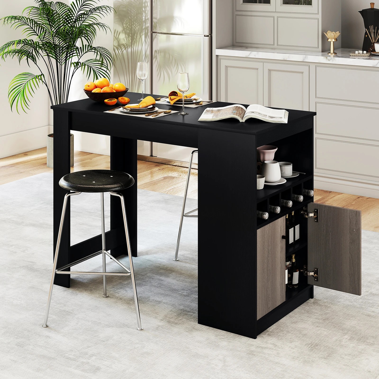 3 Costway Bar Table w/Storage Cabinet Wine Rack & Adjustable Shelf Dining Table - Black, 3 of 4