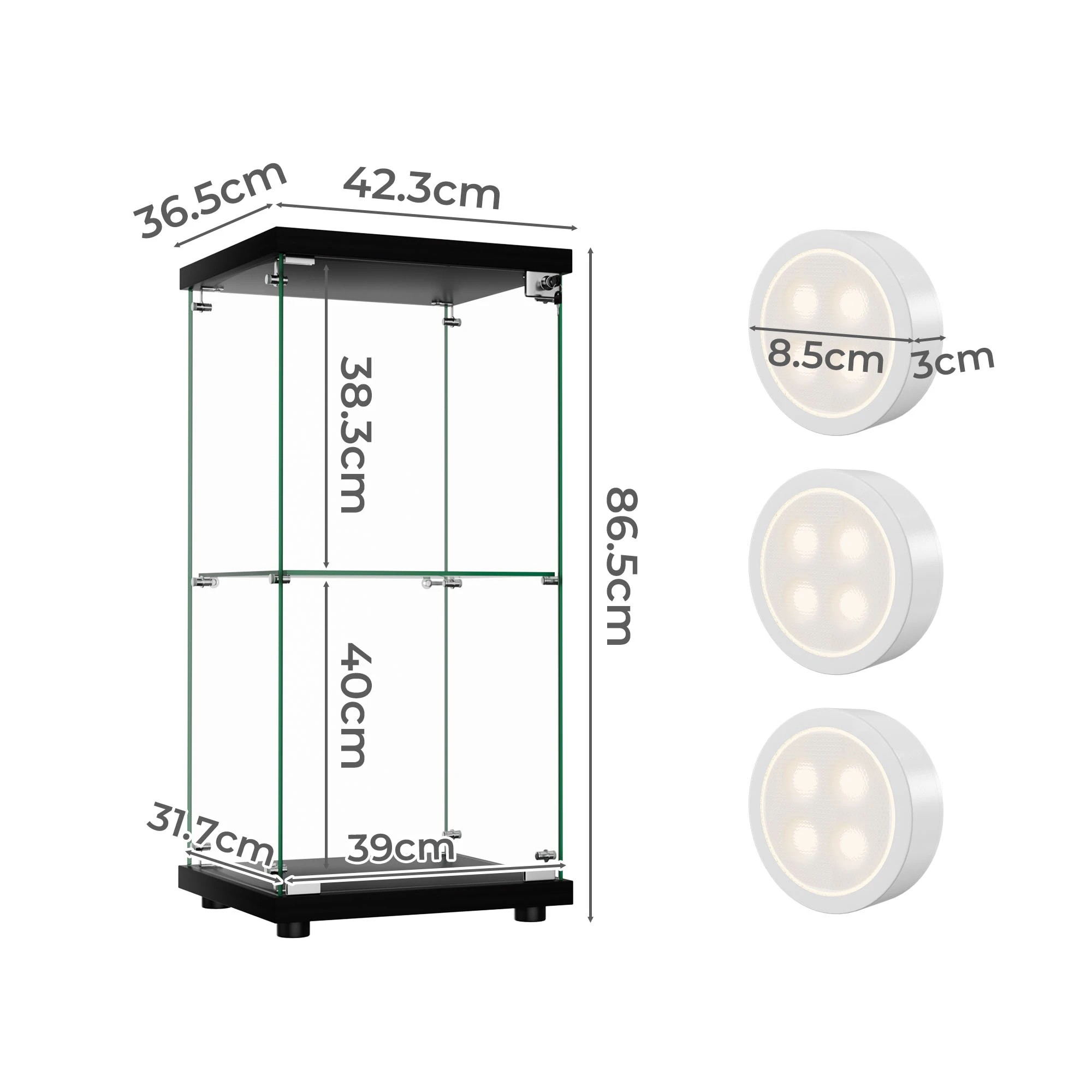 3 Stacked Display Cabinet 2-Tier Glass Door with LED lights - Black, 3 of 9