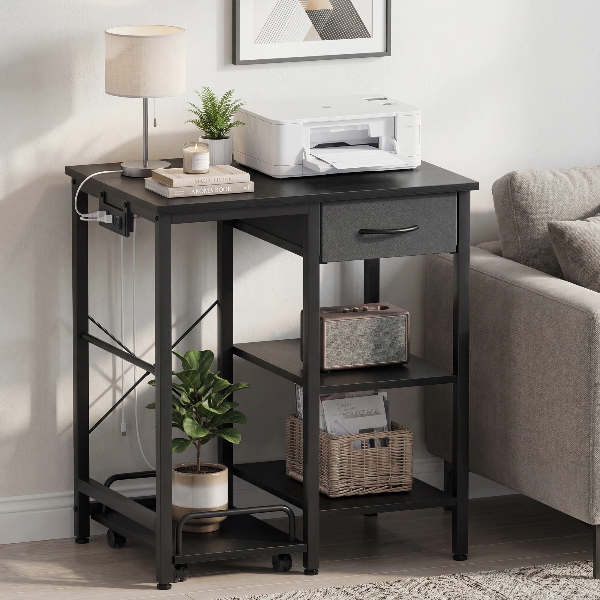 7 Advwin Printer Stand with Pull Out Shredder Shelf Charging Station Fabric Drawer Open Shelves - Black, 7 of 9