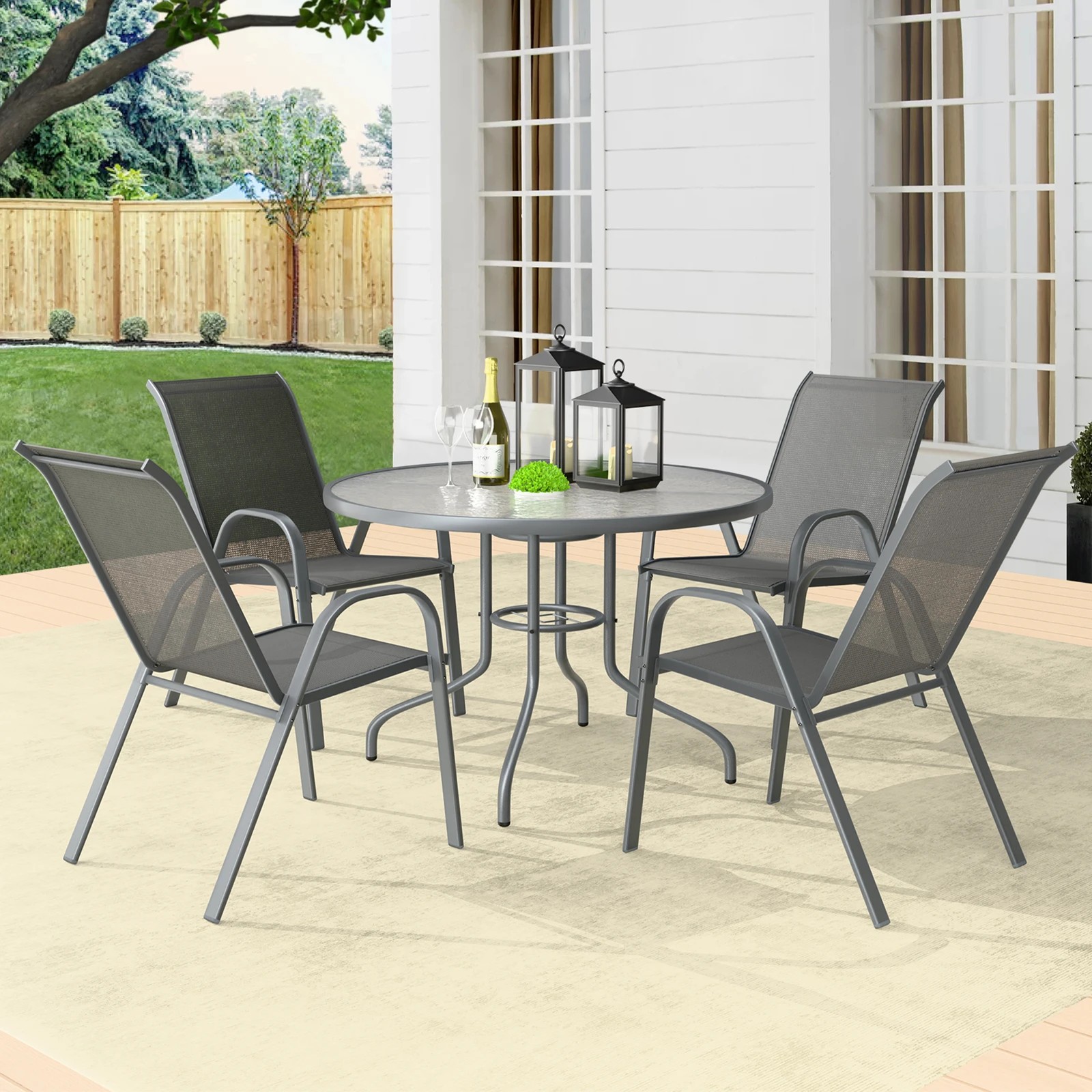 2 Alfordson 5PCS Outdoor Dining Set Table and Chairs Patio Furniture Round - Grey, 2 of 10