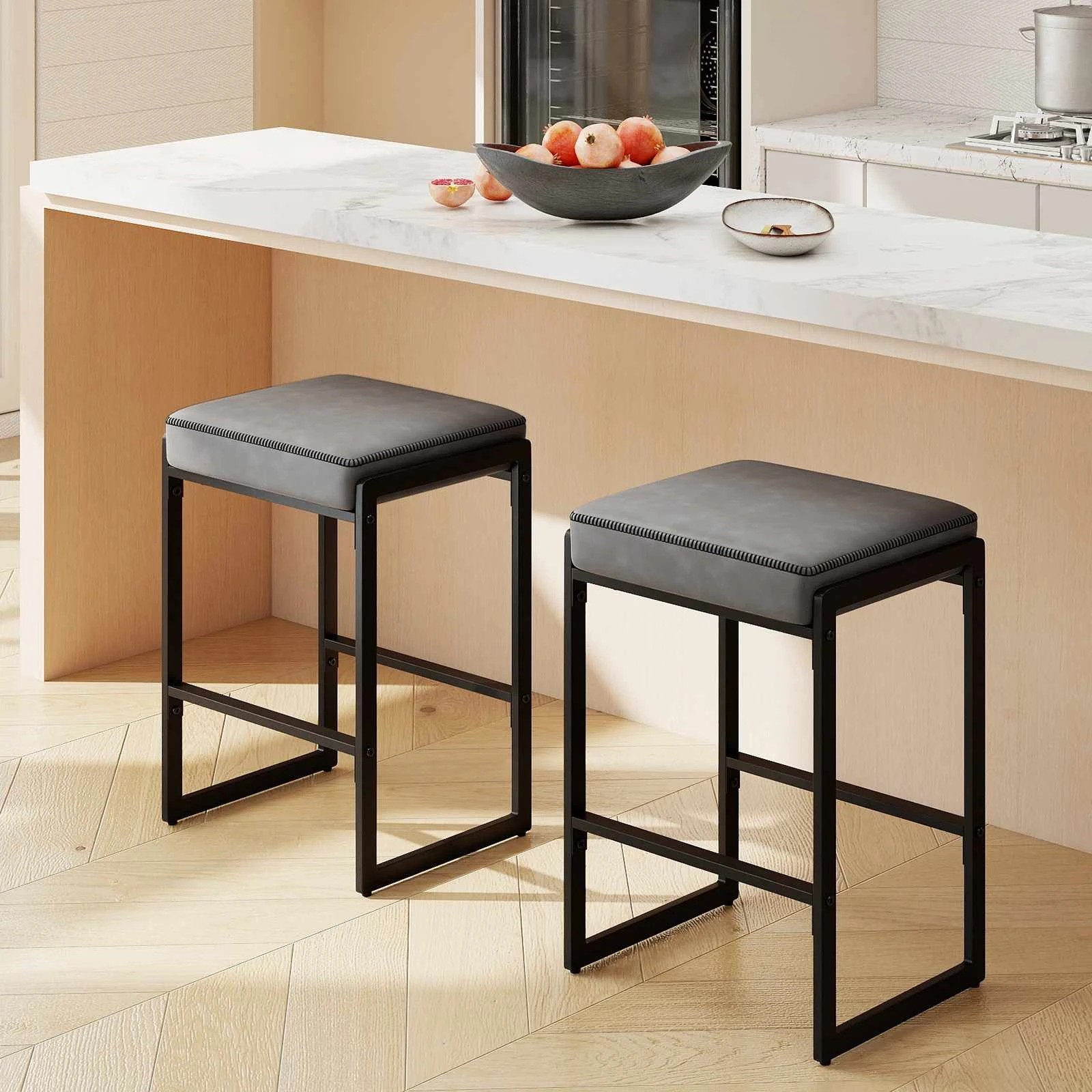 2 Costway 2x Bar Stool Counter Height Barstool Footrest Leather Seat Metal Kitchen Dining Chair - Grey, 2 of 4