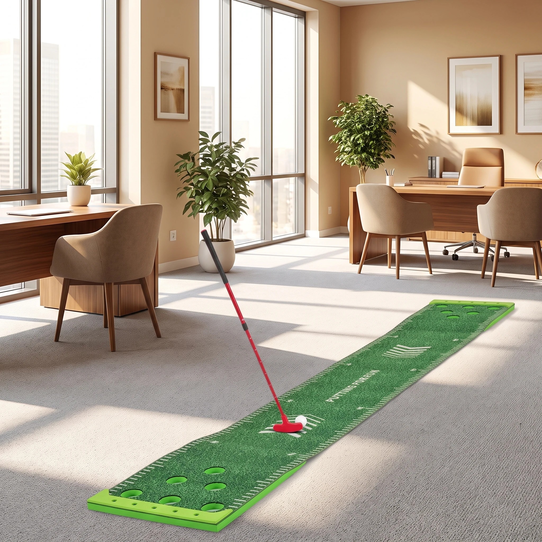 2 Costway Golf Putting Green 332x50cm Golf Practice Mat w/2 Adjustable Putters Indoor Outdoor Training, 2 of 9