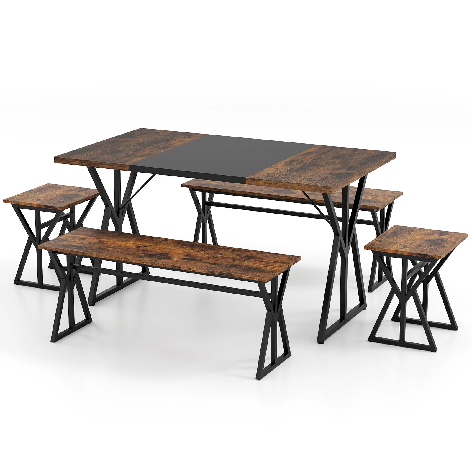 1 Costway 5PCS Dining Set Rectangular Kitchen Table w/2 Benches & 2 Stools Metal Frame - Brown, 1 of 4