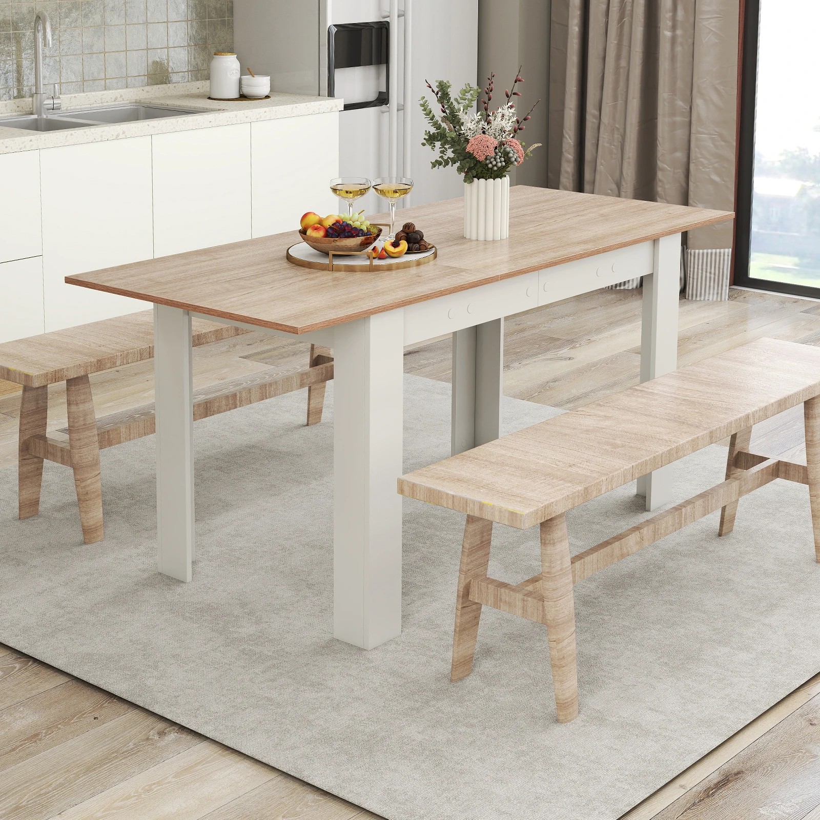 3 Costway 158cm Extendable Dining Table 4-6 People Kitchen Counter Table w/Adjustable Tabletop - White, 3 of 4