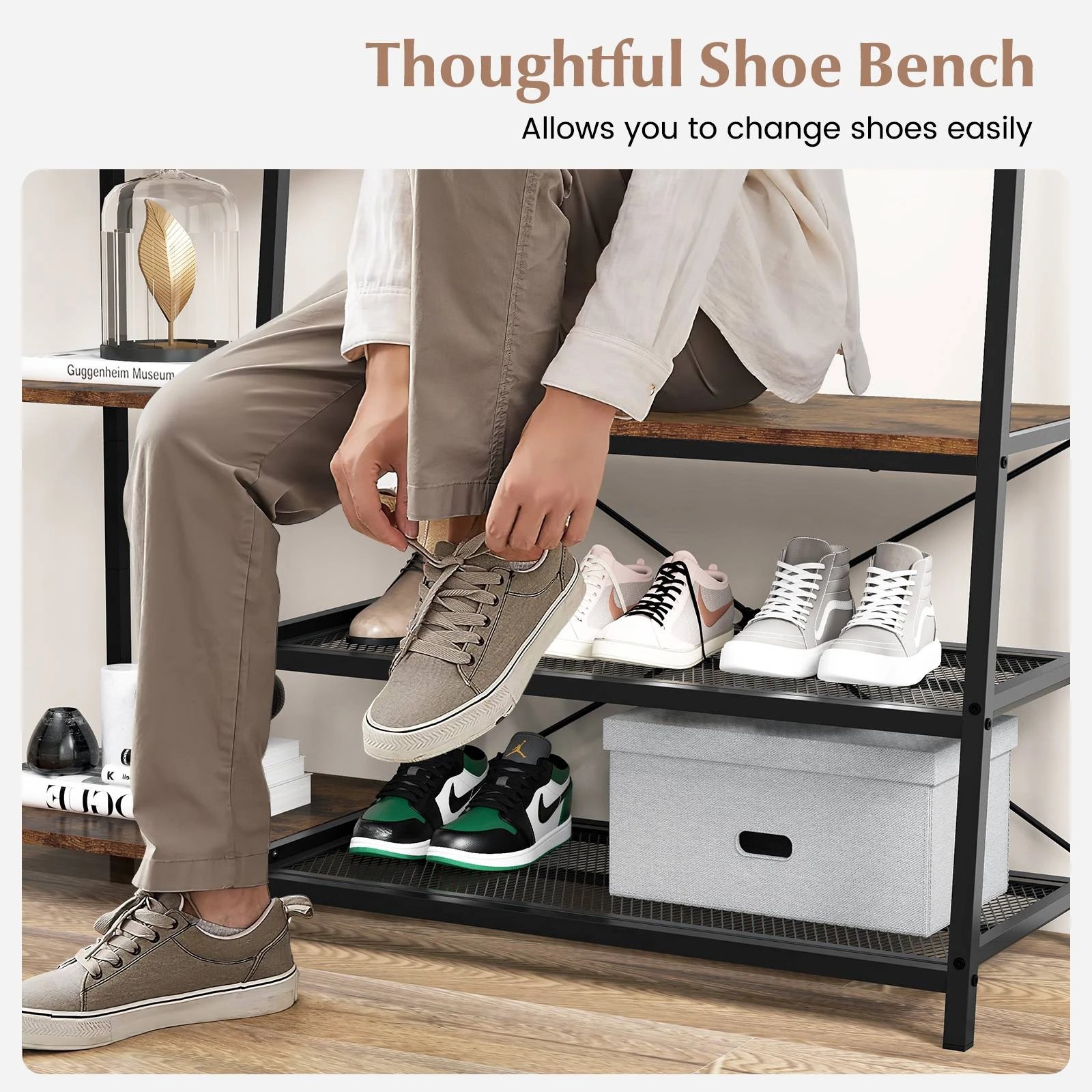 5 Costway Industrial Coat Rack Shoe Bench w/Open Storage Shelf Wardrobe Entryway Hallway Rack - Brown, 5 of 7