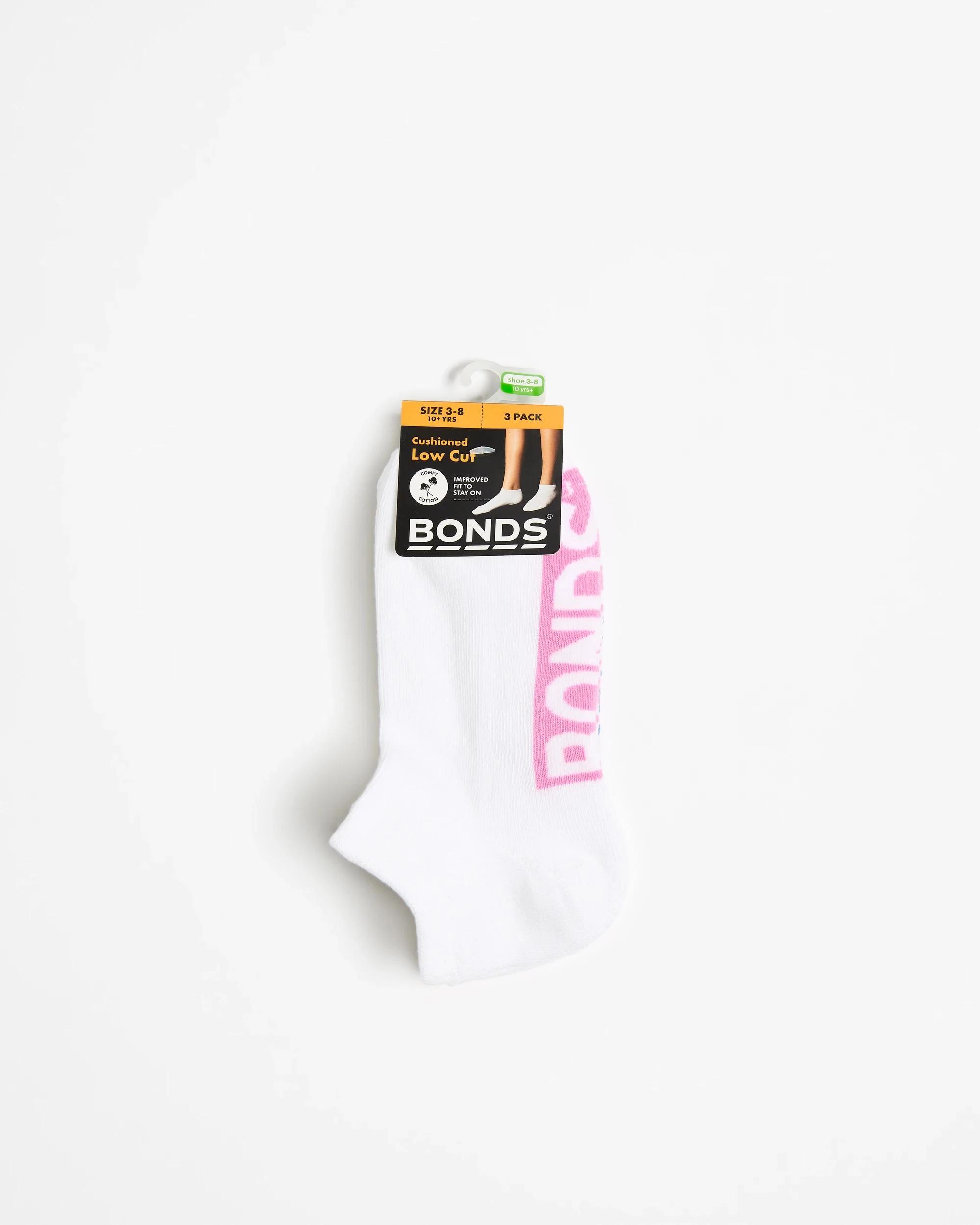 3 Cotton Blend Logo Cushioned Low Cut Socks 3 Pack - Bonds WHITE GIRLS, 3 of 3