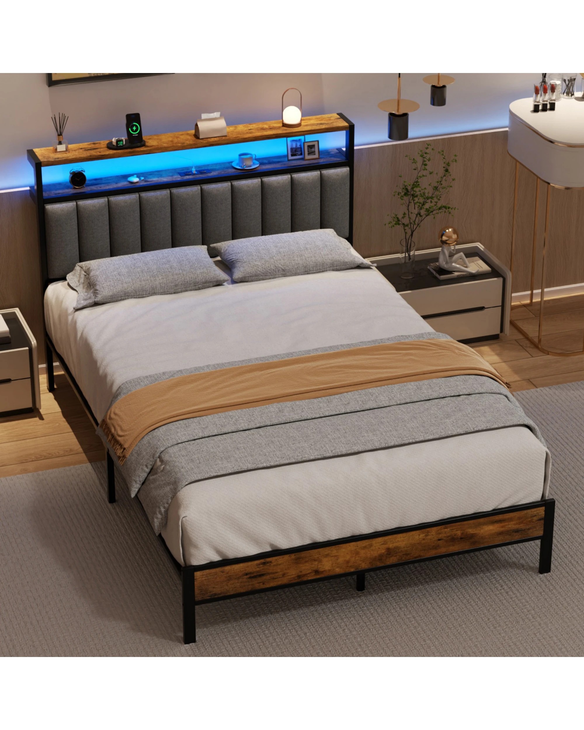 8 Advwin Queen Bed Frame with RGB LED and Charging Station - Grey, 8 of 8