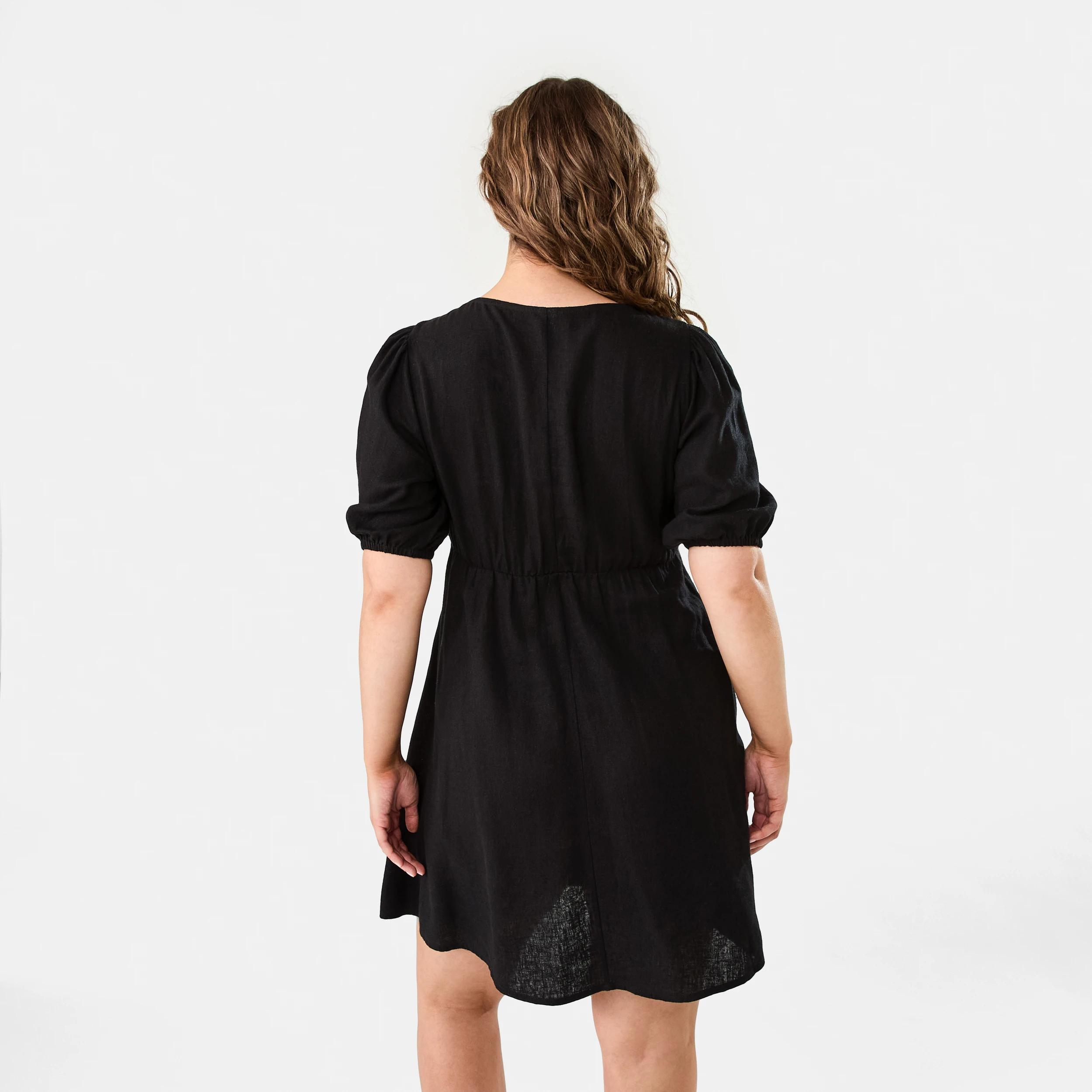 4 Short Sleeve Shirred V-Neck Mini Dress BLACK, 4 of 9