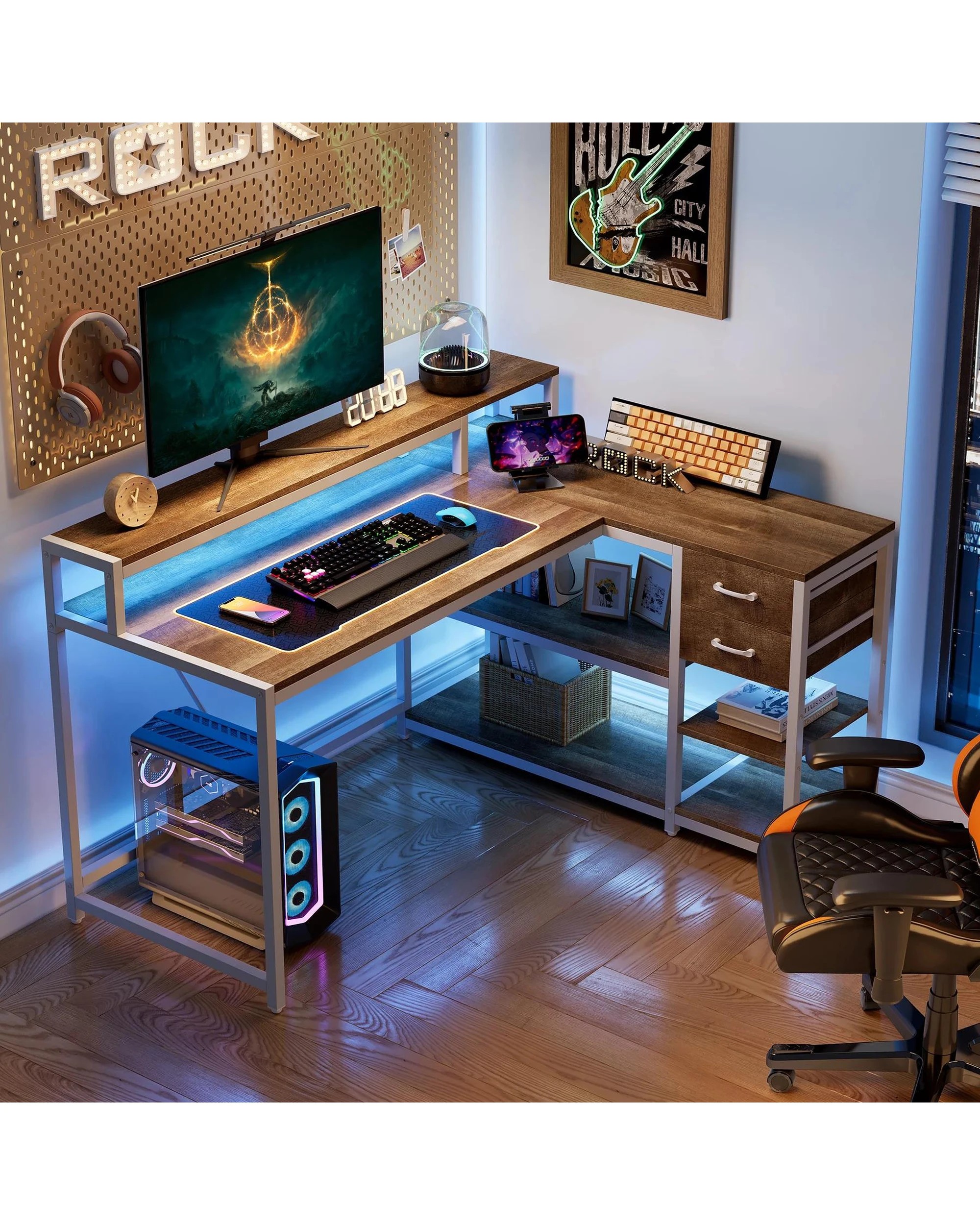 4 OAKORY 140cm L Shaped Reversible Gaming Desk with Drawers Shelves and Monitor Stand Oak and White, 4 of 5