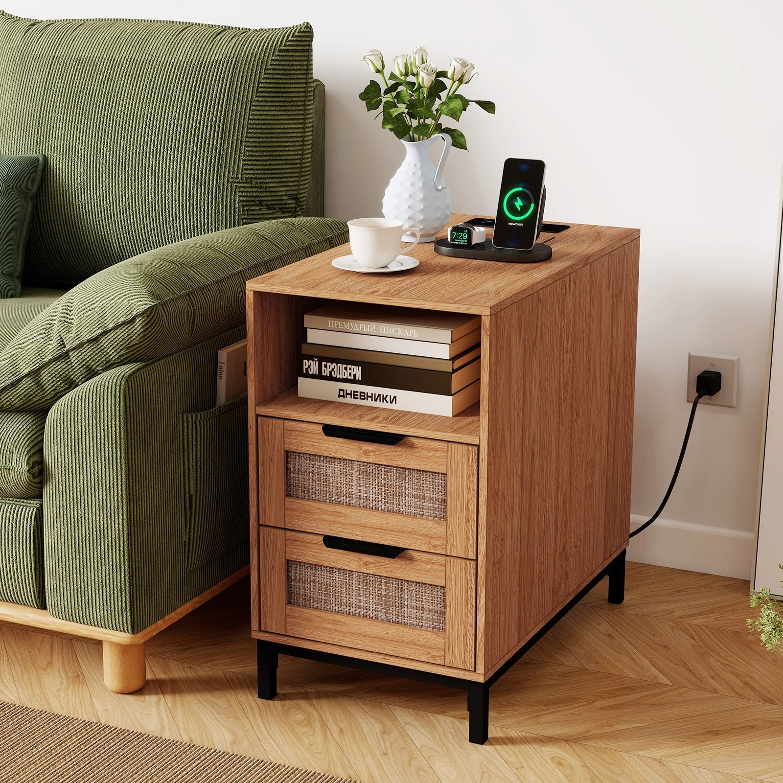 3 Costway Boho End Side Table w/Charging Station Rattan Nightstand - Natural, 3 of 5