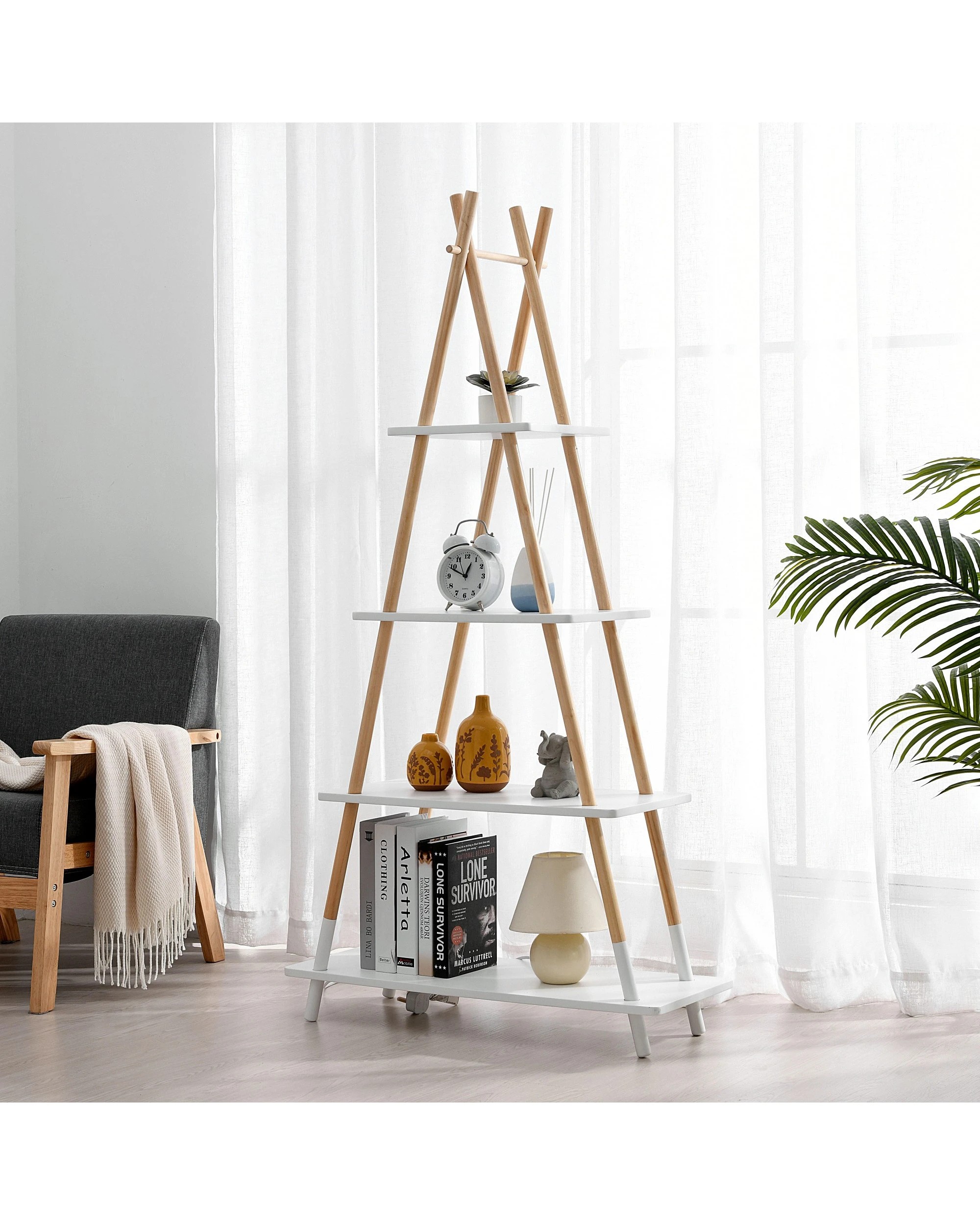 2 Takara Kusa 4-Tier Natural Wooden A-Frame Ladder Storage Shelf Bamboo Bookcase 30x78x148cm - Natural and White, 2 of 5
