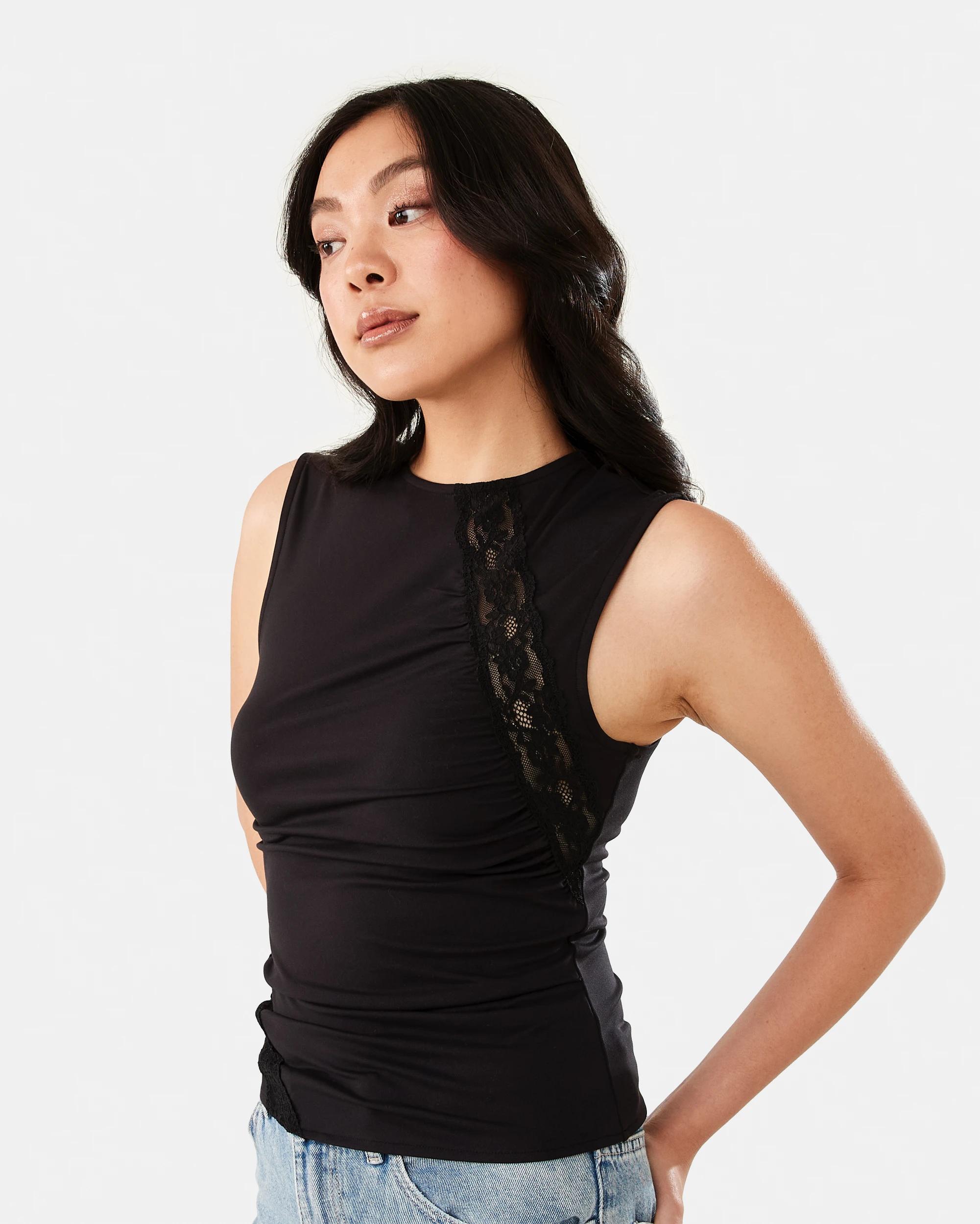 2 Sleeveless Lace Trim Drape Tank Black, 2 of 6