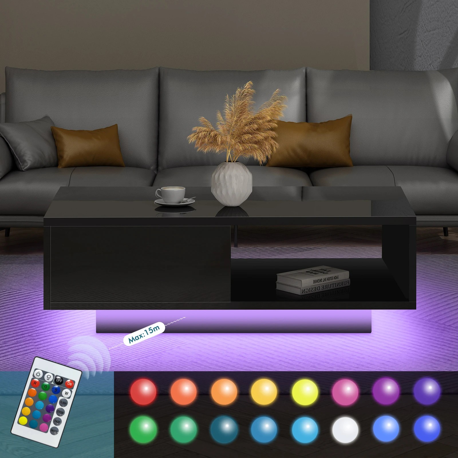 4 Alfordson Coffee Table 1 Drawer LED Gloss - Black, 4 of 10