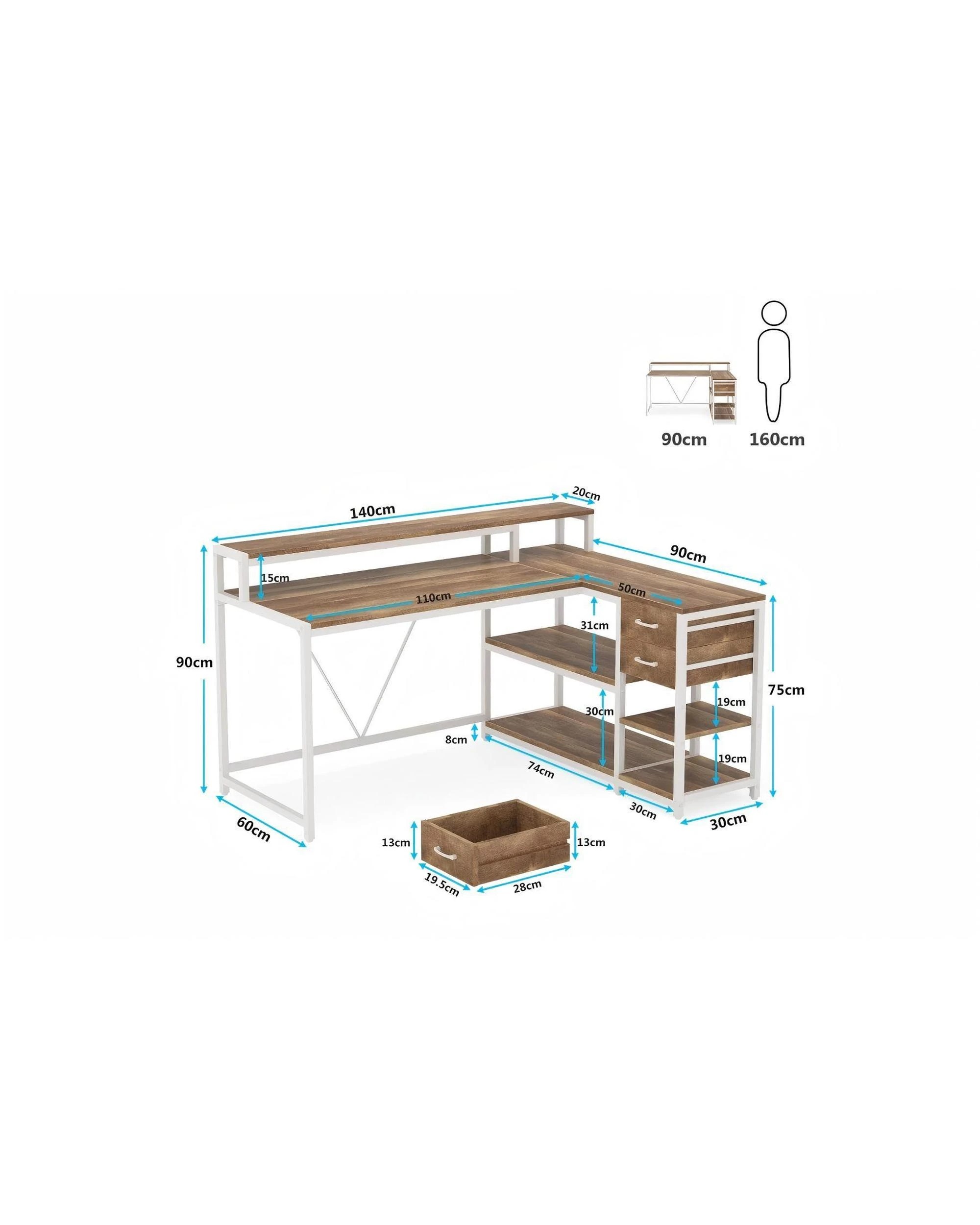 5 OAKORY 140cm L Shaped Reversible Gaming Desk with Drawers Shelves and Monitor Stand Oak and White, 5 of 5