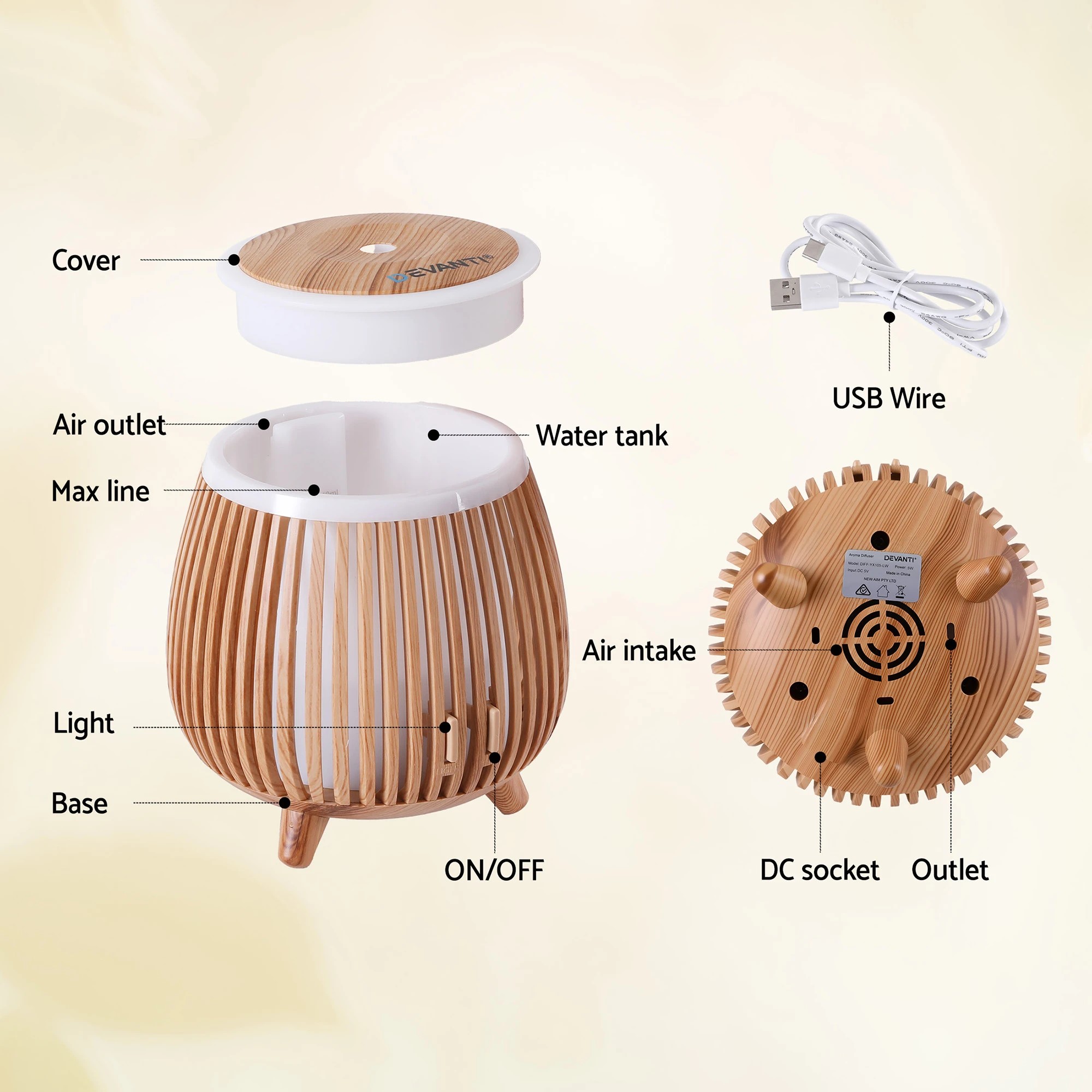 7 Devanti Ultrasonic Aroma Diffuser Aromatherapy 140ml LED Lights Iron Humidifier Forest - Natural, 7 of 8